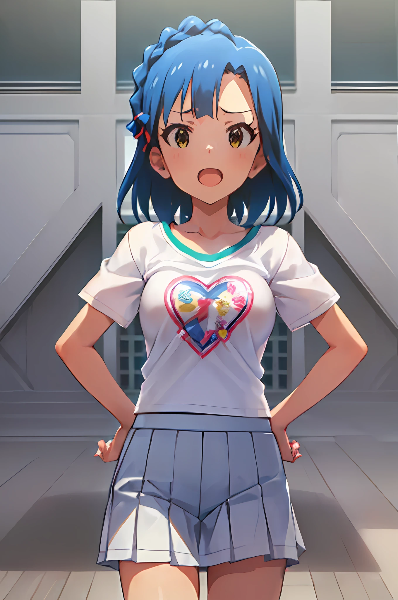 yuriko nanao (million live). Short stature. (((white t-shirts))).(((Skirt))).(((masterpiece))).(((best quality))).((Ultra-detailed))).(((illustratio))). (((put hands on the hip))).(((a room))).(((make a fist))).(((up chest))).Despair face.((short-hair)).((big breasts)).((Opening Mouth)).((Heart on chest)).