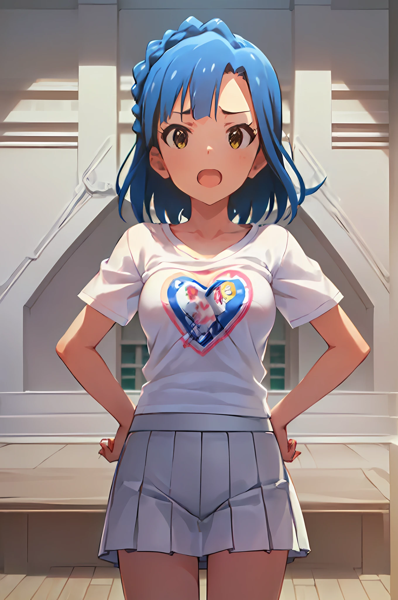 yuriko nanao (million live). Short stature. (((white t-shirts))).(((Skirt))).(((masterpiece))).(((best quality))).((Ultra-detailed))).(((illustratio))). (((put hands on the hip))).(((a room))).(((make a fist))).(((up chest))).Despair face.((short-hair)).((big breasts)).((Opening Mouth)).((Heart on chest)).
