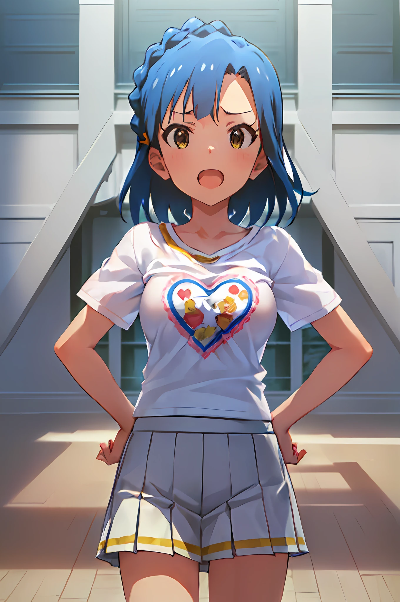 yuriko nanao (million live). Short stature. (((white t-shirts))).(((Skirt))).(((masterpiece))).(((best quality))).((Ultra-detailed))).(((illustratio))). (((put hands on the hip))).(((a room))).(((make a fist))).(((up chest))).Despair face.((short-hair)).((big breasts)).((Opening Mouth)).((Heart on chest)).