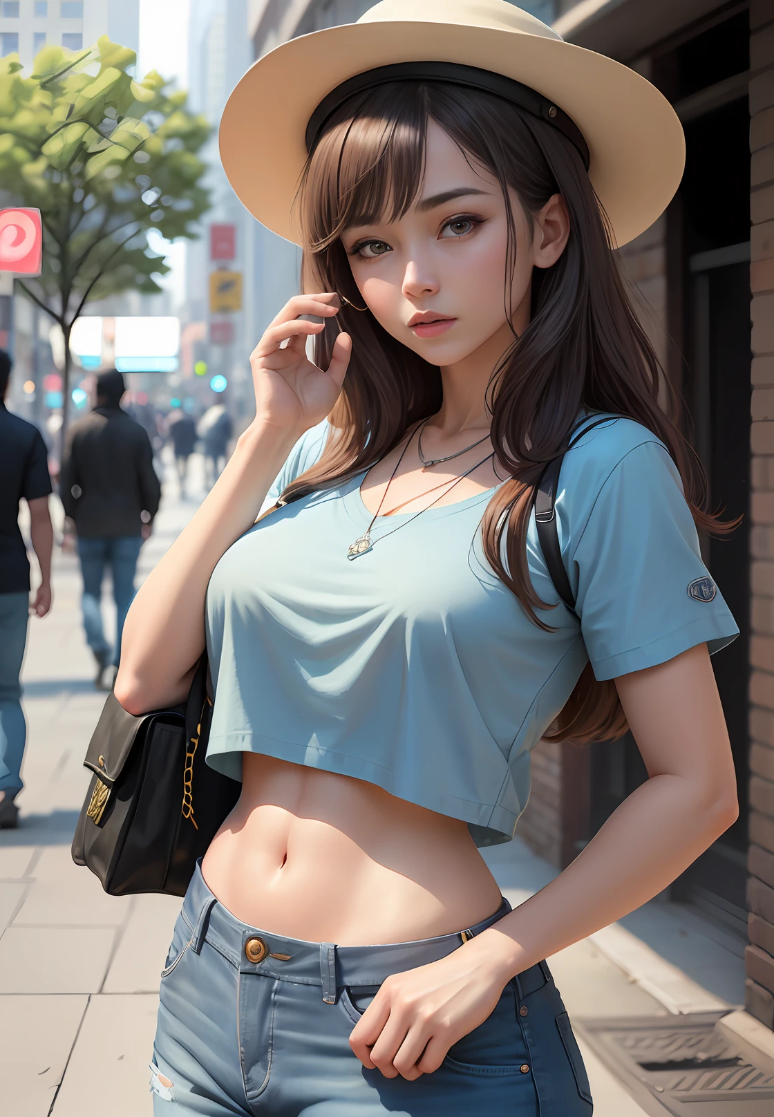 Apinkhayoung， 城市， the street， （tag：1.1）， primitive，（8K， best qualtiy， tmasterpiece：1.2），（complexdetails：1.4），（realisticlying：1.4），rendering by octane， Complex 3D rendering with hyper-detail， Studio soft light， rim-light， vibrant detail， Hyper-detailing， realistic skin textures， 详细的脸， beatiful detailed eyes， Extremely detailed CG unified 8K wallpaper， putting makeup on， （detailedbackground：1.2）， （cowboy lens：1.2）， （perfectanatomy：1.2），（Wide hip circumference：1.1），Excitation，（huge tit，Excitation,Exposed southern hemisphere chest），Very excited（Shiny light blue half-piece T-shirt，C-line pants，Chanel necklace，Lady hat：1.2），
