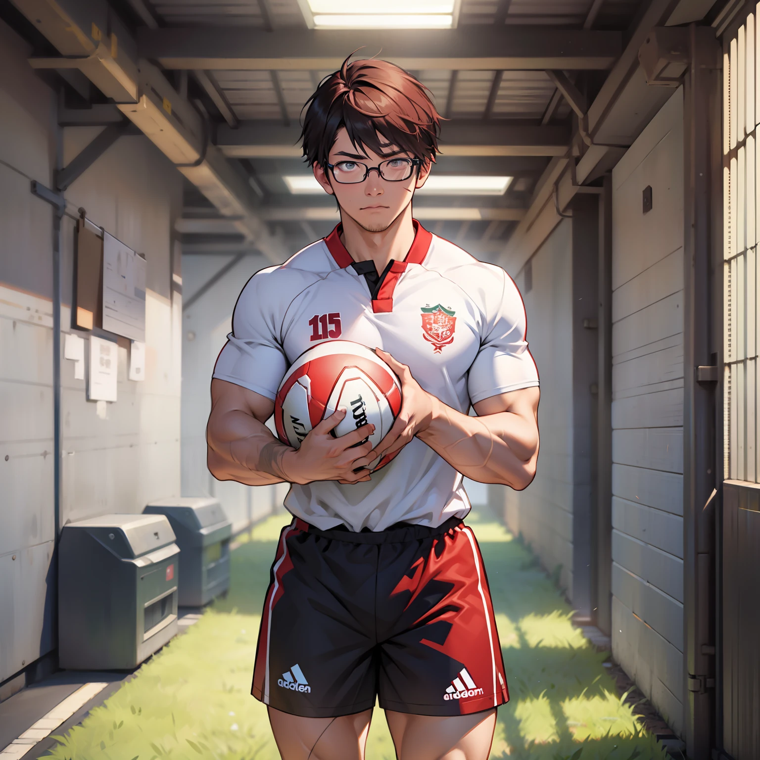 I stand at 6'5 and I am considered tall for Japanese standards. My body is filled with scars as I had to give up playing Rugby due to serious injuries inflicted in the sport. I am now a college major in art with the goal to become the greatest artist in the history of time. I have short maroon hair and wear glasses to accommodate my bad vision caused by playing a full contact sport. My eyes are green. Red short hair