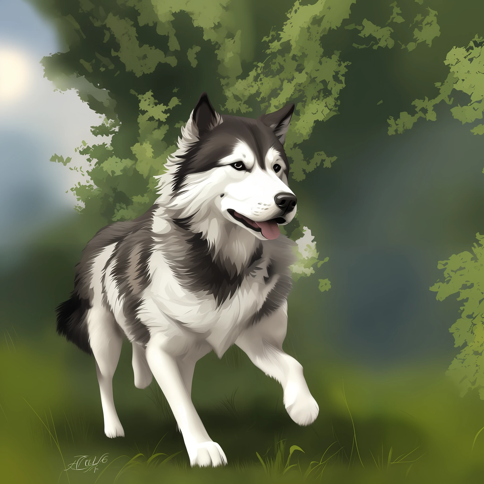 painting of a dog running on grass with trees in the background, husky, pintura digital altamente detalhada, husky siberiano, husky dog, pintura digital detalhada, pintura digital muito detalhada, Husky em armadura brilhante, pintura digital de alta qualidade, No or, Sombreamento realista, imagem realista, painting digital adorable, arte digital animal foto, uma pintura digital, realistic illustration