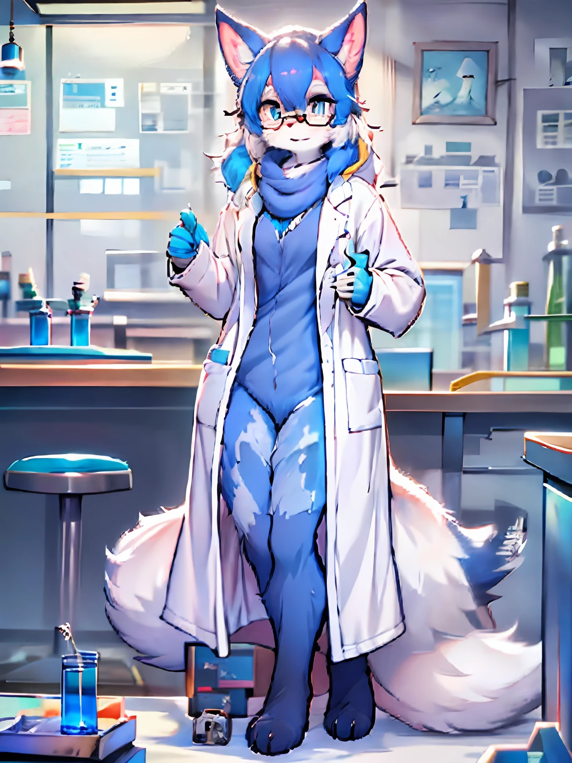 Anime character with arctic fox ears wearing lab coat and blue scarf,arctic fox，Fluffy blue fur and blue tail,Wear half-rimmed glasses,Arctic fox beauty in lab coat,  Fox scientist，inside the lab, professional furry drawing