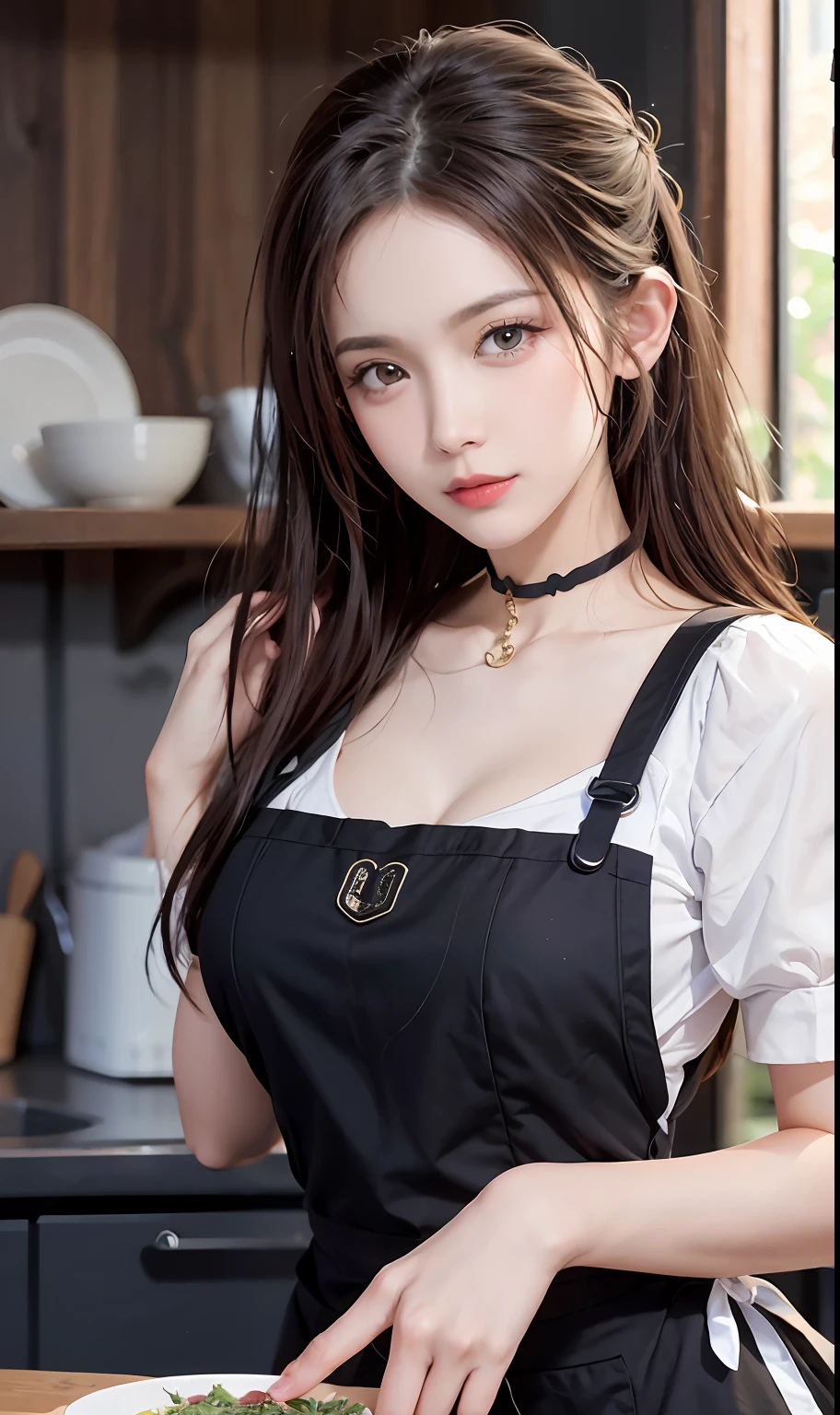 (RAW photos:1.2),high high quality,Beautiful Meticulous Girl,Highly detailed eyes and face,beatiful detailed eyes,hugefilesize,A high resolution,8k wallpaper,finely detailled,Highly detailed stock code uniform 8k wallpaper,light in face,电影灯光, girl,A sexy pose,(photo-realism:1.4),illustratio,ultra-realistic realism,super detailing, tmasterpiece, at the kitchen,Wear an apron to cook,wearing a choker,Bigchest,low chest