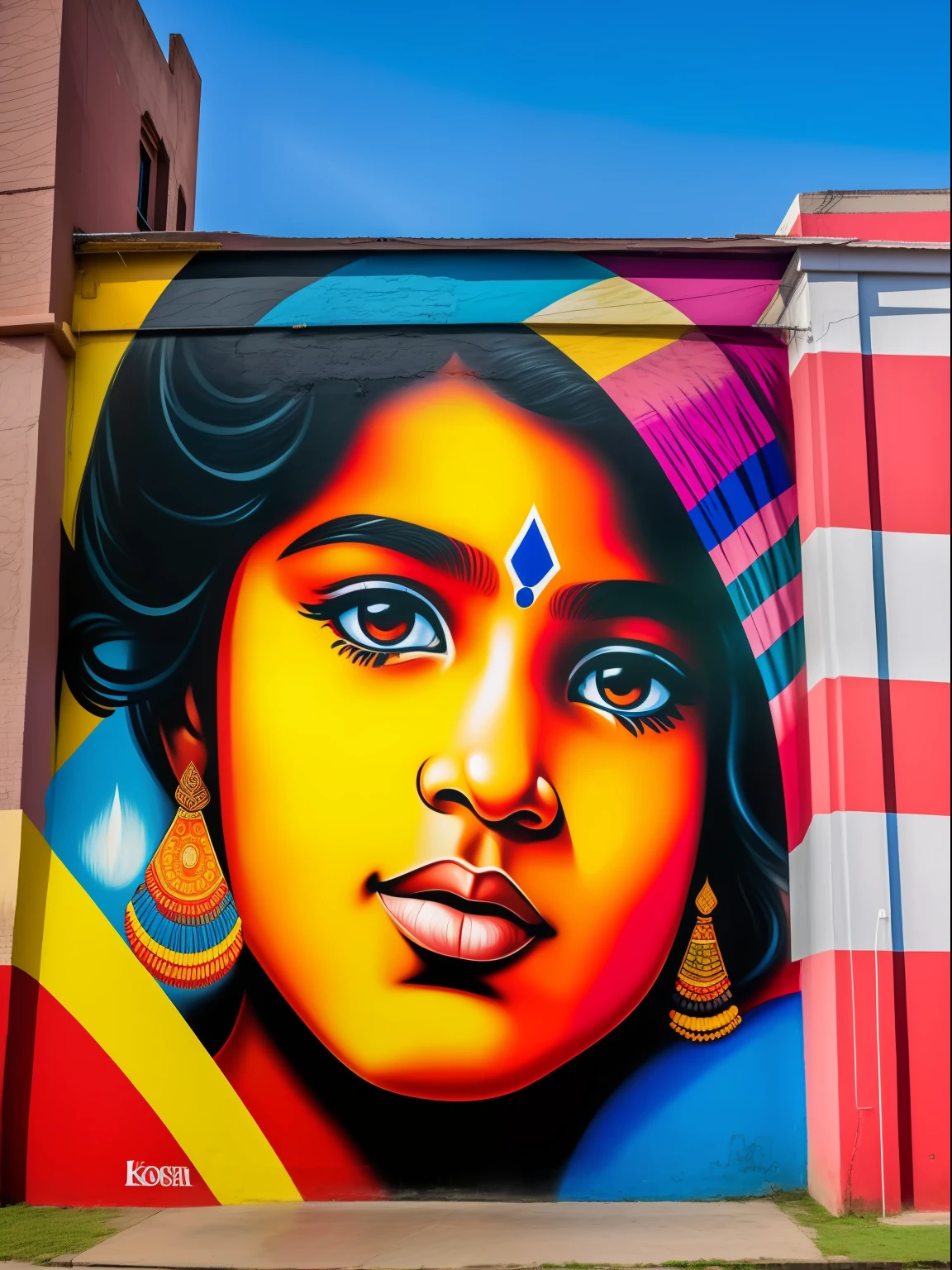A street mural on a building with painting of a beautiful indian child in the style of eduardo kobra