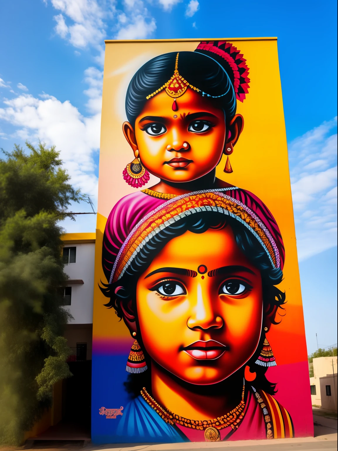 A street mural on a building with painting of a beautiful indian in the style of eduardo kobra