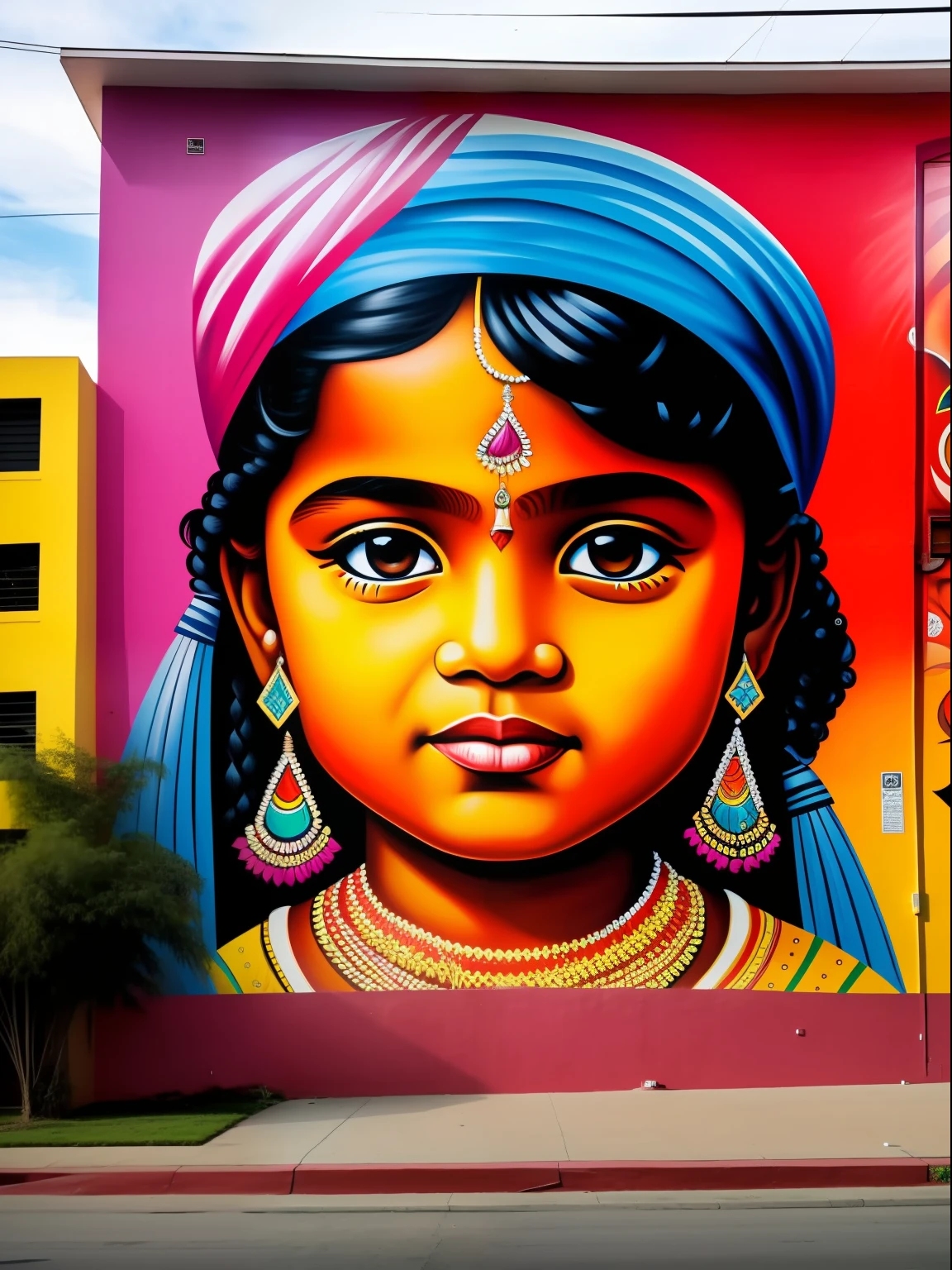 A street mural on a building with painting of a beautiful indian child in the style of eduardo kobra