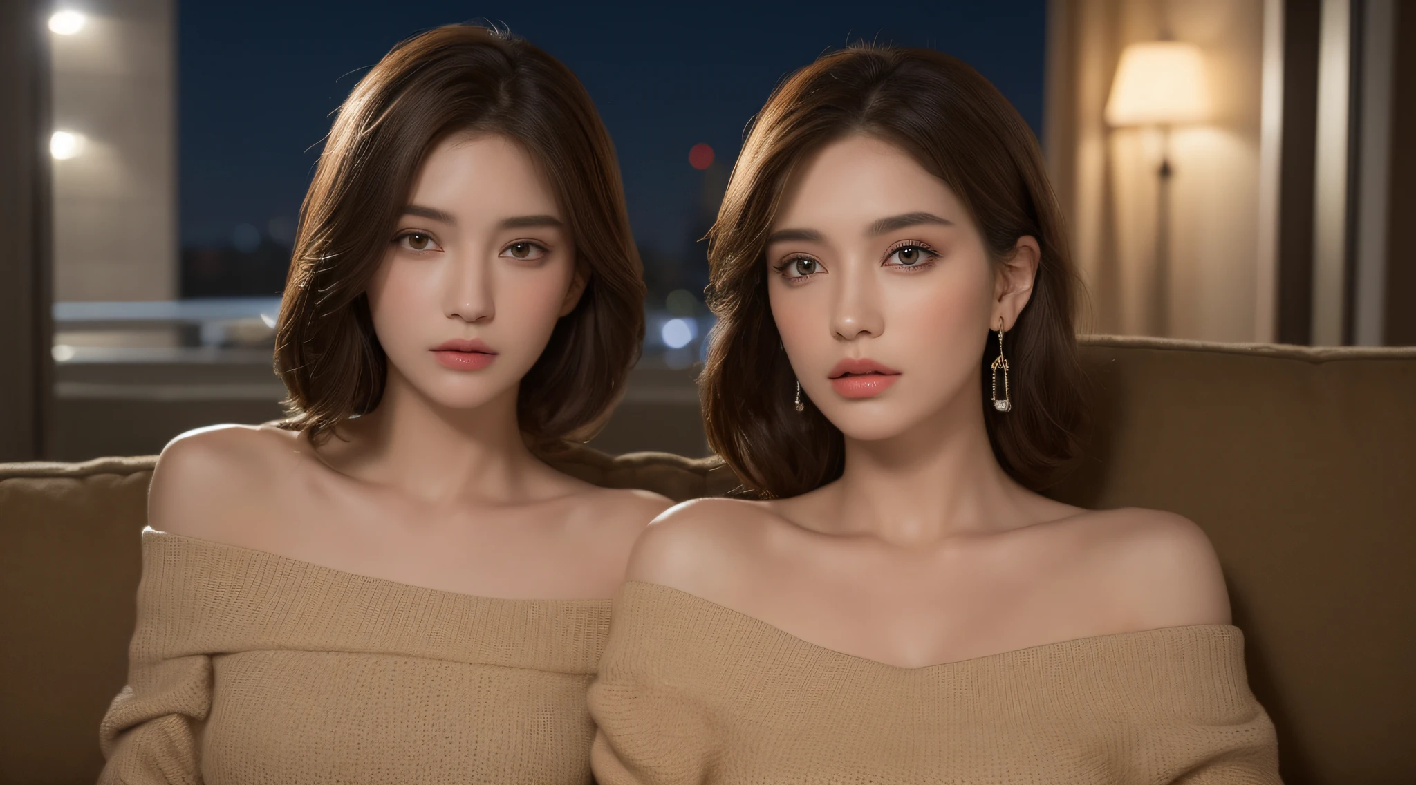 ((Night view, realistic light, best quality, 8k, masterpiece: 1.3)), 1girl, pretty woman with slim figure: 1.4, (brown hair, medium breasts: 1.3), off-the-shoulder cut top: 1.3, sofa, super detailed face, detailed eyes, double eyelids