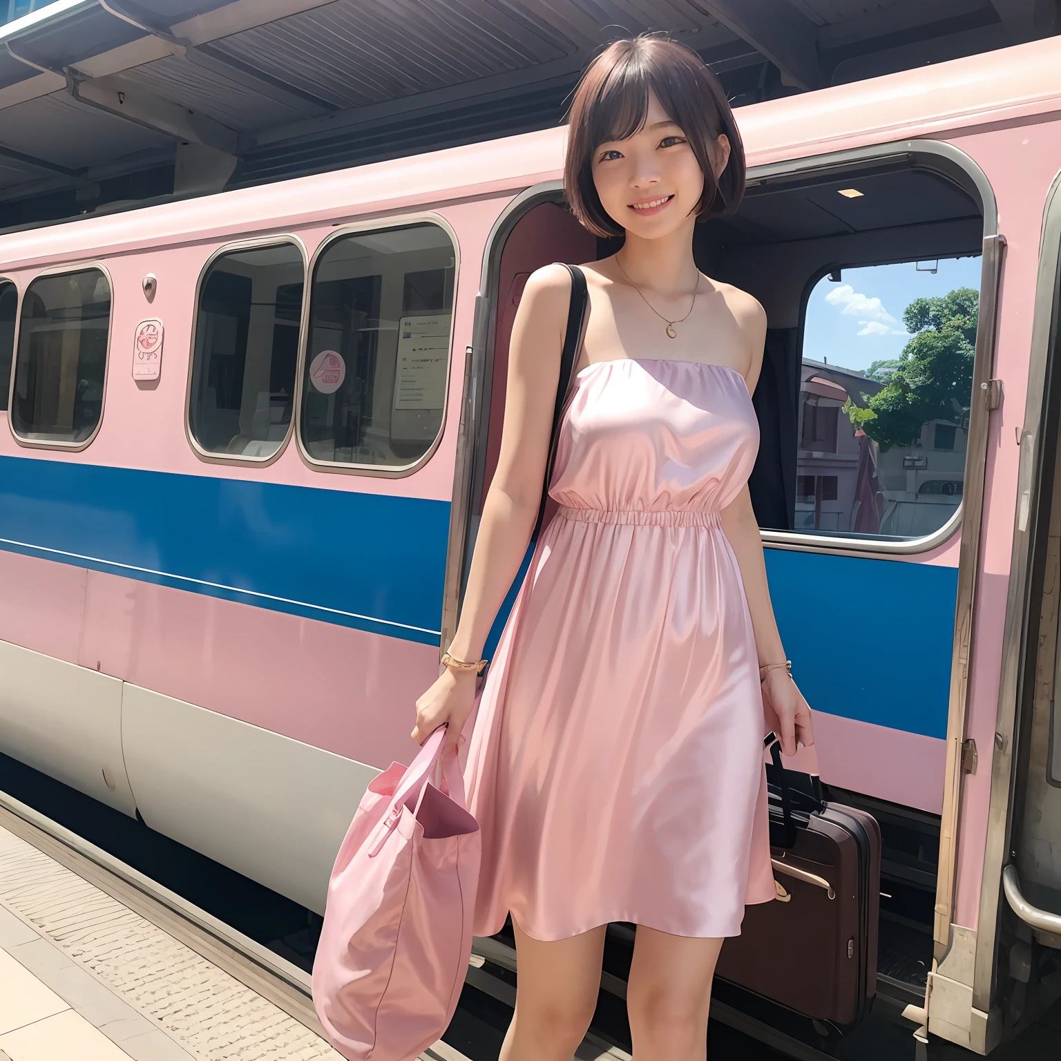 Pink Silk Satin A-Line Dress, setting off, station, Colossal tits, Short bob hair, Large carry bag, masutepiece, Looks Back, A smile, travel, trein, Trip, , ,