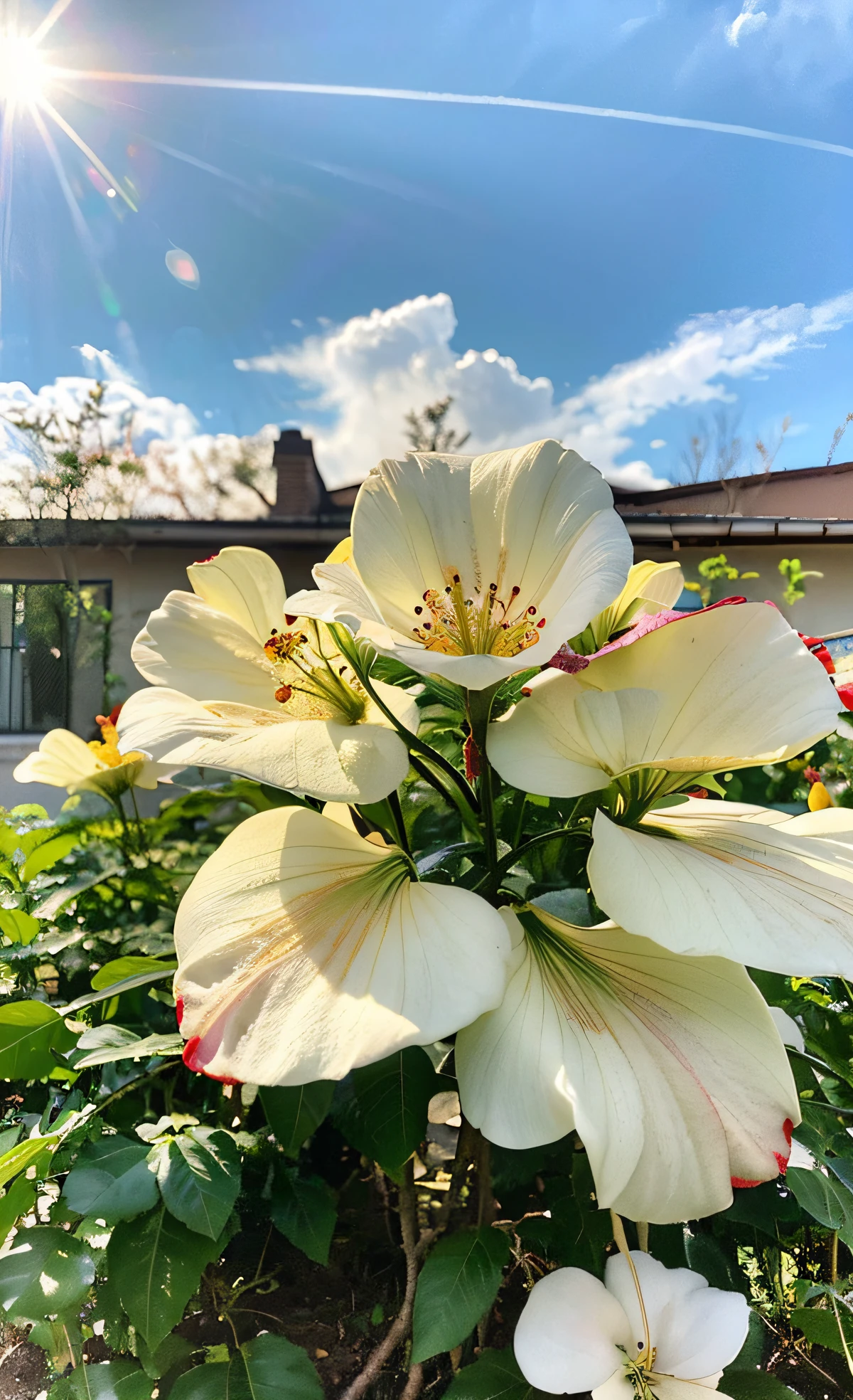 8K,Professional Lighting ,Aerial perspective ,超A high resolution ,(photographrealistic: 1.1) ,Detailed face ,Cute Girl ,plain white bra, cleavage of the breast ,(tits out:1.1) ,florals ,sunny sky ,rays of sunshine,blooming flowers ,vivid flowers ,A slight smil ,hibiscus ,the pose ,Light shines on the face ,