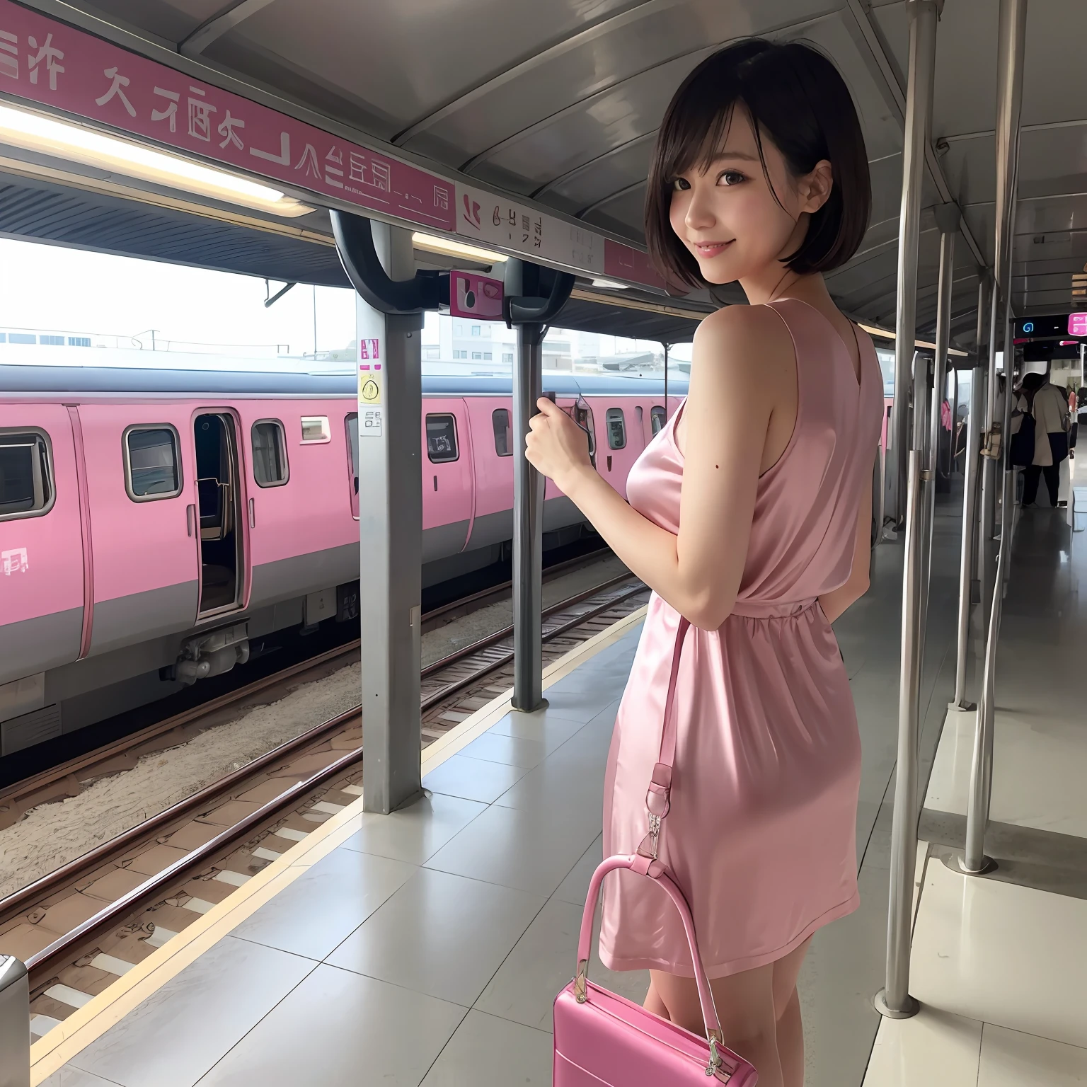 Pink Silk Satin A-Line Dress, setting off, station, Colossal tits, Short bob hair, Large carry bag, masutepiece, Looks Back, A smile, travel, trein, Trip, , ,