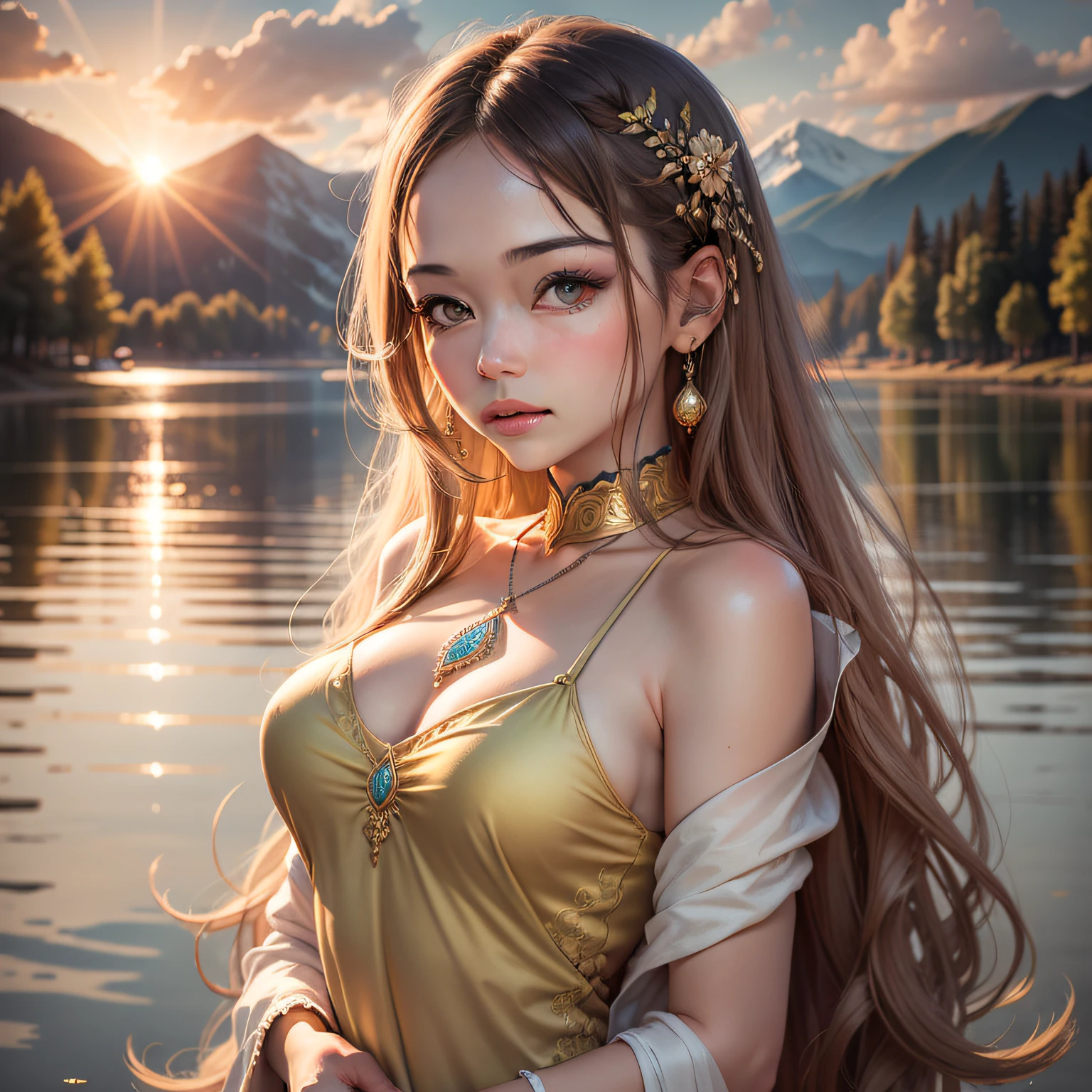 1 girl, serene expression, mesmerizing eyes, straight long hair, flowing dress, poised posture, porcelain skin, subtle blush, crystal pendant
BREAK
golden hour, (rim lighting):1.2, warm tones, sun flare, soft shadows, vibrant colors, painterly effect, dreamy atmosphere
BREAK
scenic lake, distant mountains, willow tree, calm water, reflection, sunlit clouds, peaceful ambiance, idyllic sunset, ultra detailed, official art, unity 8k wallpaper
, zentangle, mandala