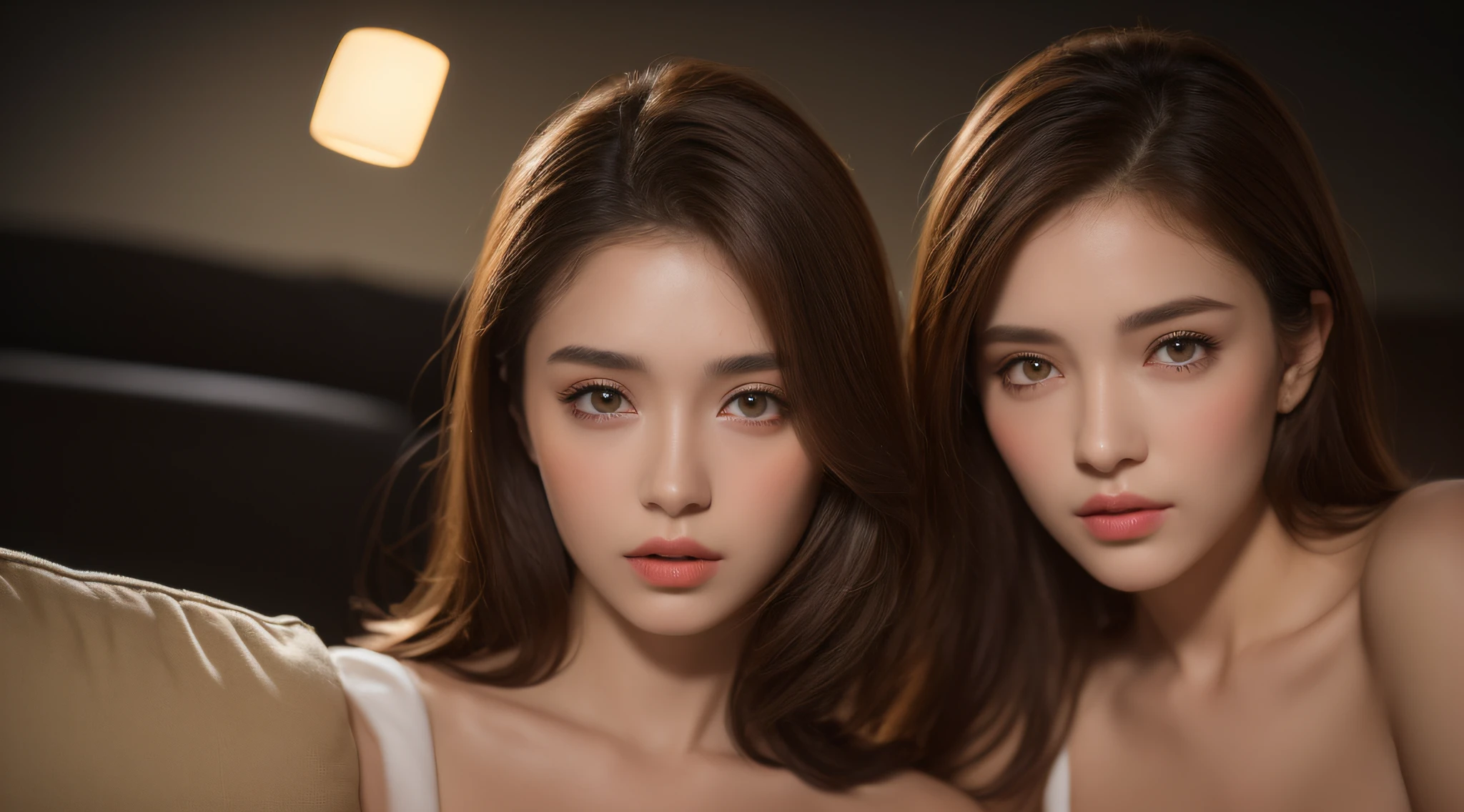 ((Night view, realistic light, best quality, 8k, masterpiece: 1.3)), 1girl, pretty woman with slim figure: 1.4, (brown hair, medium breasts: 1.3), off-the-shoulder cut top: 1.3, sofa, super detailed face, detailed eyes, double eyelids