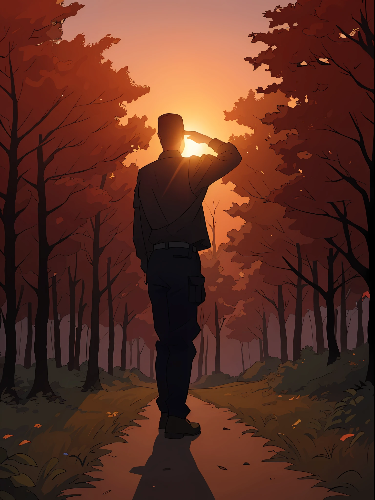 Watch the sun through the woods at sunset, Male soldiers， breathtaking shot, perfect military composure, late sunset, late sunset, Military photography, during dawn, Saluting, At sunset, in the early morning, sunrise light, beautiful shot,Back Shadow，Back Shadow