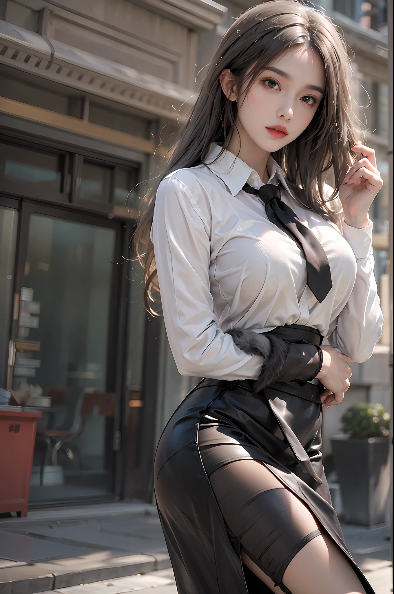 photorealistic, high resolution, 1 women, solo, hips up, beautiful eyes, close lips, detailed face, white hair, long hair, collared shirt, black necktie,black skirt, pencil skirt, fur coat, stockings