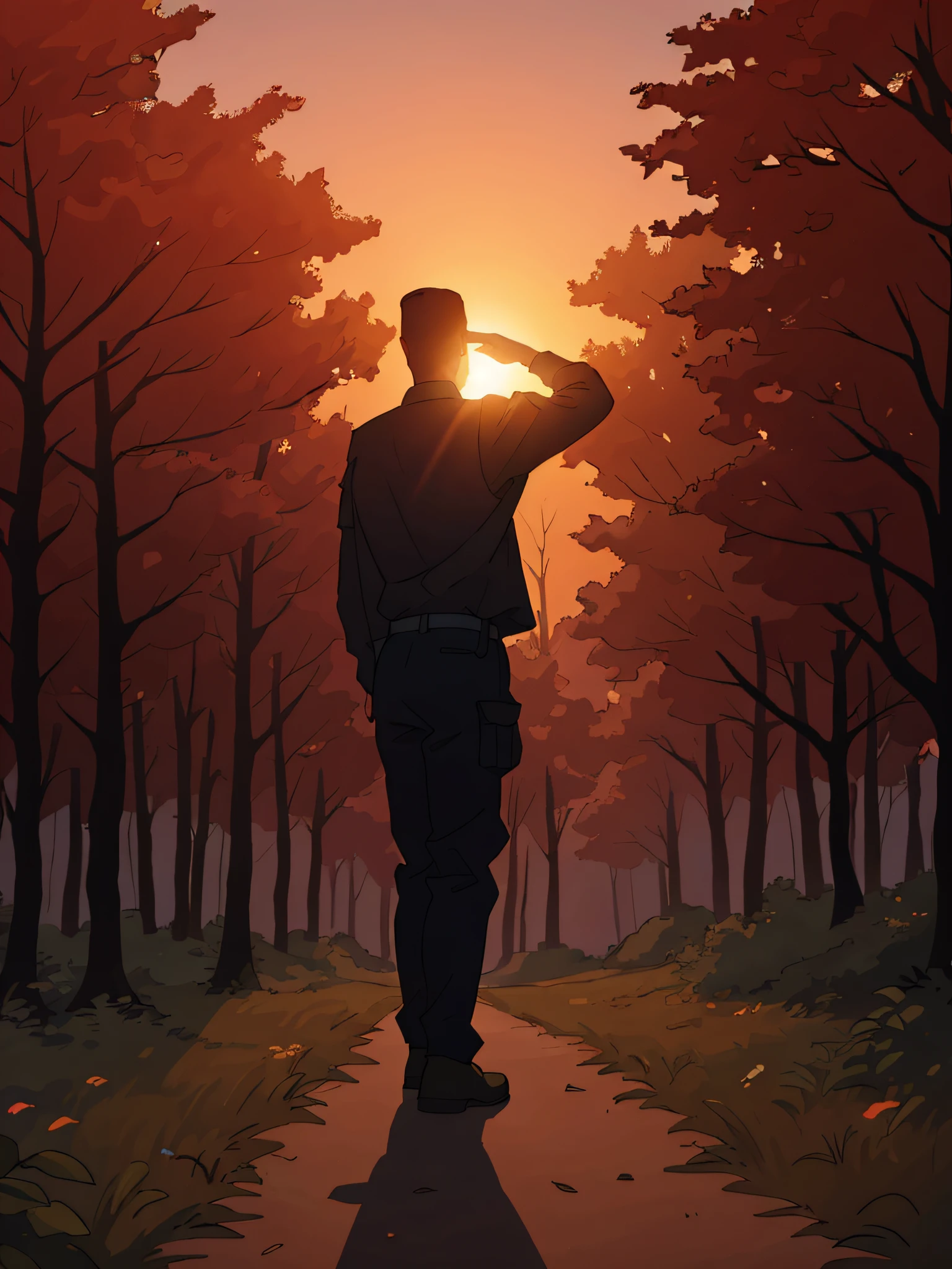 Watch the sun through the woods at sunset, Male soldiers, breathtaking shot, perfect military composure, late sunset, late sunset, Military photography, during dawn, Saluting, At sunset, in the early morning, sunrise light, beautiful shot,Back Shadow,Back Shadow