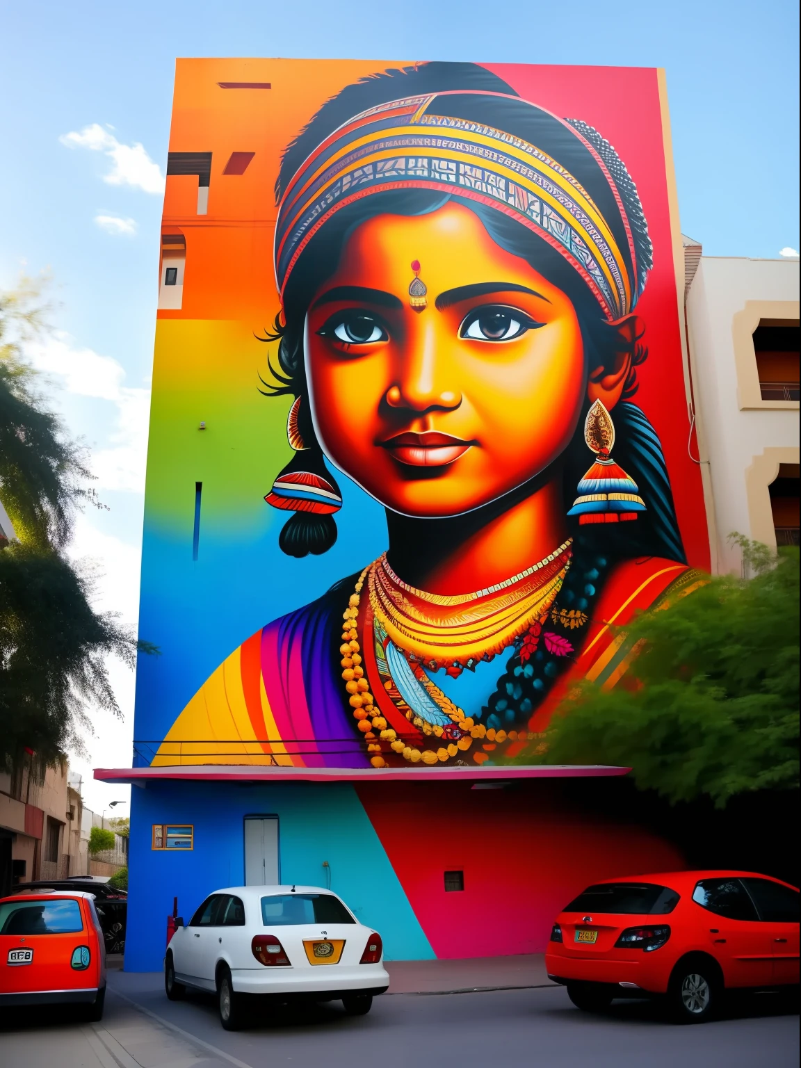 A street mural on a building with painting of a beautiful indian child in the style of eduardo kobra, busy street, cars, people walking.