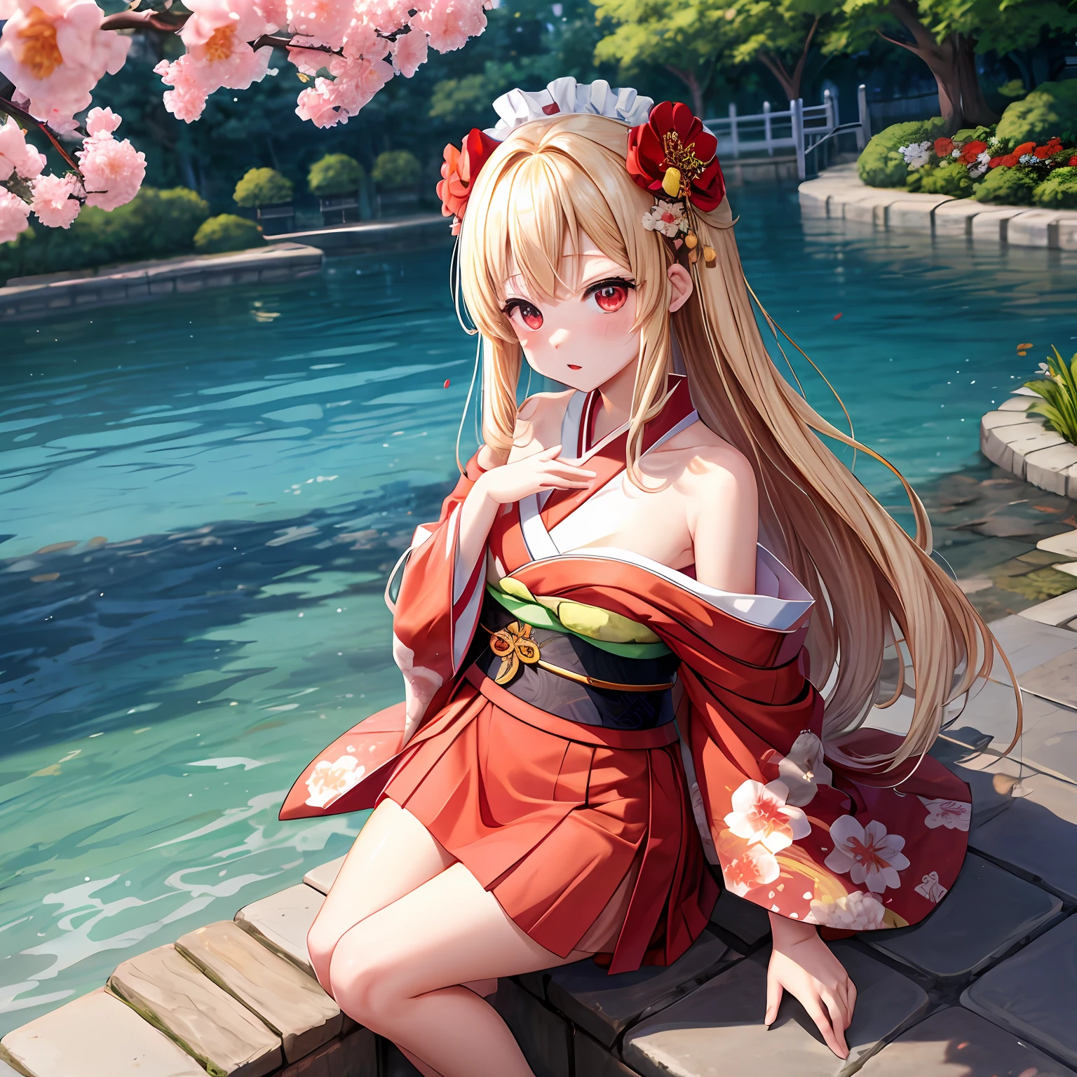 a blond、red eyes、One girl、kawaii、animesque、Floral kimono、off shoulders、a miniskirt、red blush、A park full of flowers、sitting on