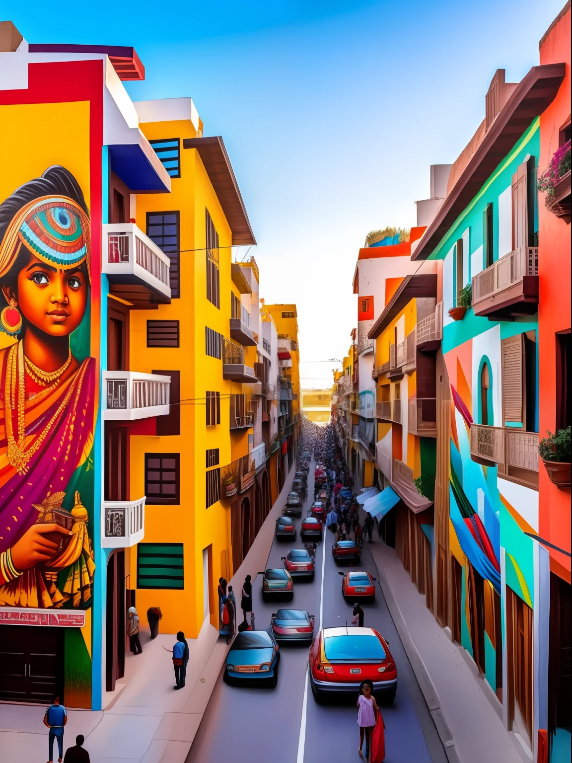 A street mural on a building with painting of a beautiful indian  in the style of eduardo kobra, busy street, cars, people walking.