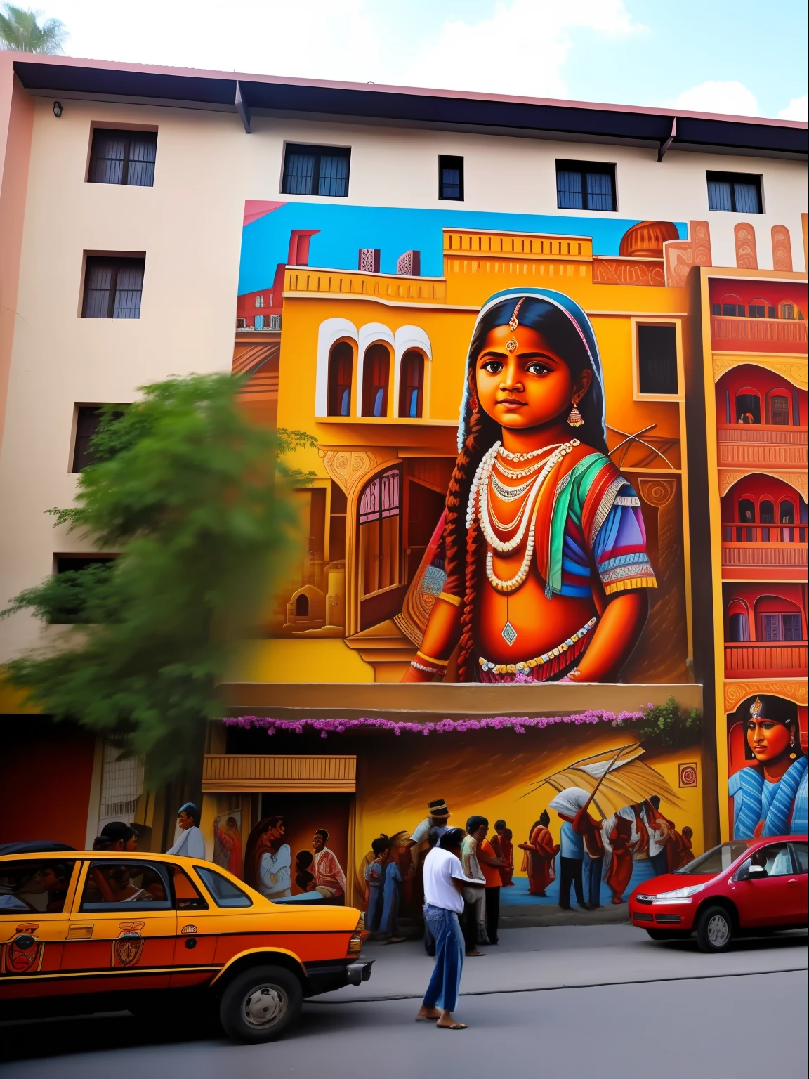 A street mural on a building with painting of a beautiful indian child in the style of eduardo kobra, busy street, cars, people walking.