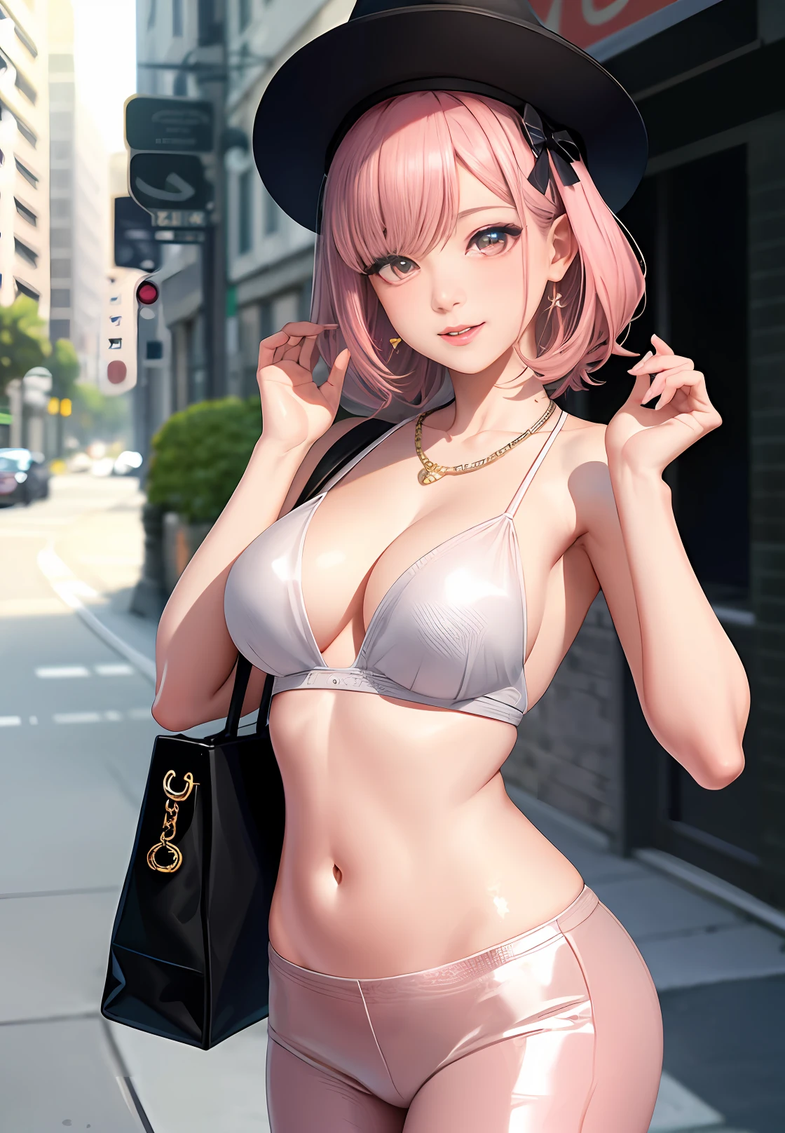 Apinkhayoung, 城市, the street, (tag:1.1), primitive,(8K, best qualtiy, tmasterpiece:1.2),(complexdetails:1.4),(realisticlying:1.4),rendering by octane, Complex 3D rendering with hyper-detail, Studio soft light, rim-light, vibrant detail, Hyper-detailing, realistic skin textures, 详细的脸, beatiful detailed eyes, Ultra-detailed CG unified 8K wallpaper, putting makeup on, (detailedbackground:1.2), (cowboy lens:1.2), (perfectanatomy:1.2),(Wide hip circumference:1.1),Excitation,(huge tit,Excitation,Exposed southern hemisphere chest),Very excited(Shiny light pink half-piece T-shirt,C-line pants,Chanel necklace,Lady hat:1.2),