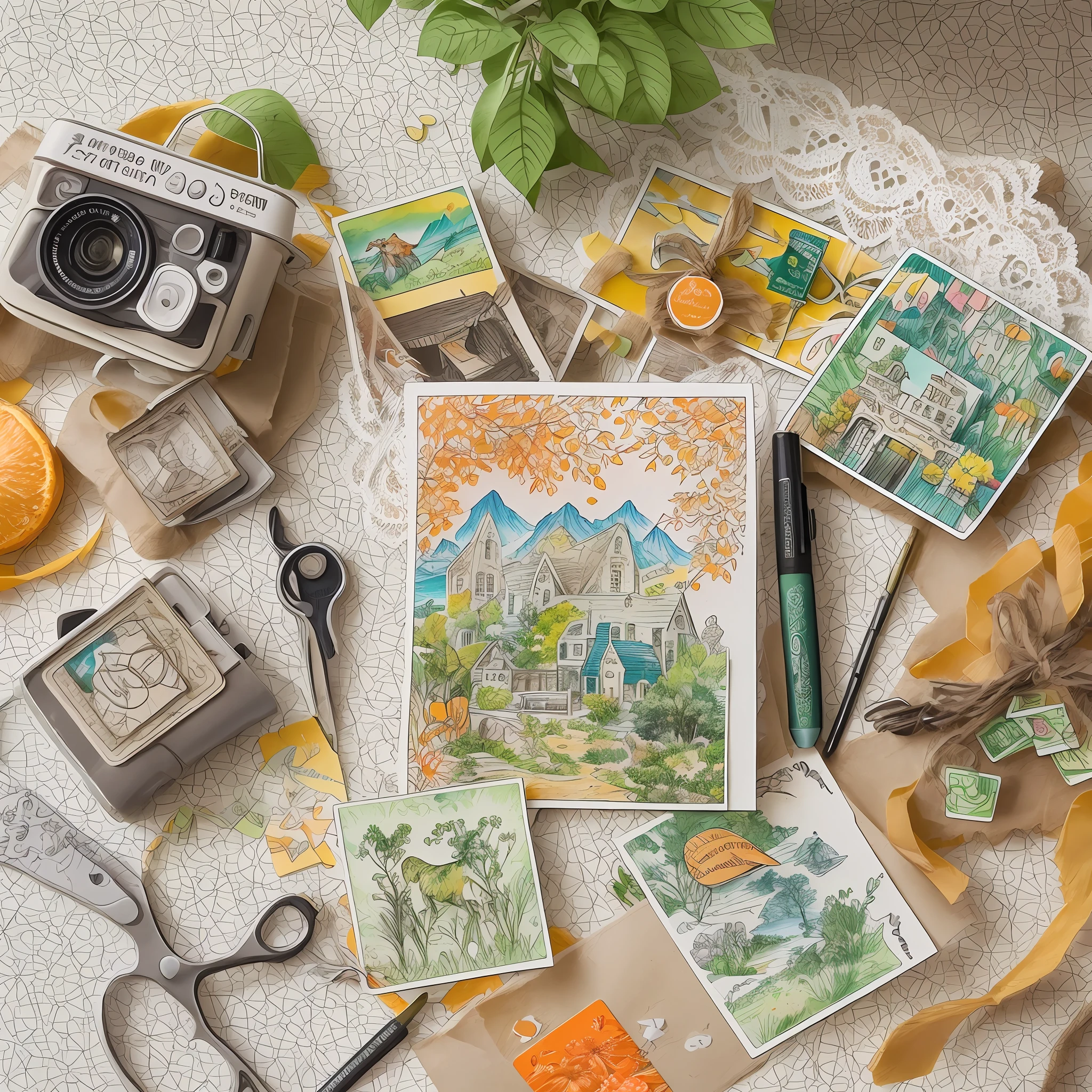 Paper & Lace shop page with gift cards，Stamp pads and scissors, In a colorful still life style, romanticized landscapes, instax, Playful and whimsical depictions of animals, Orange and green, Translucent color, love and romance，Markers