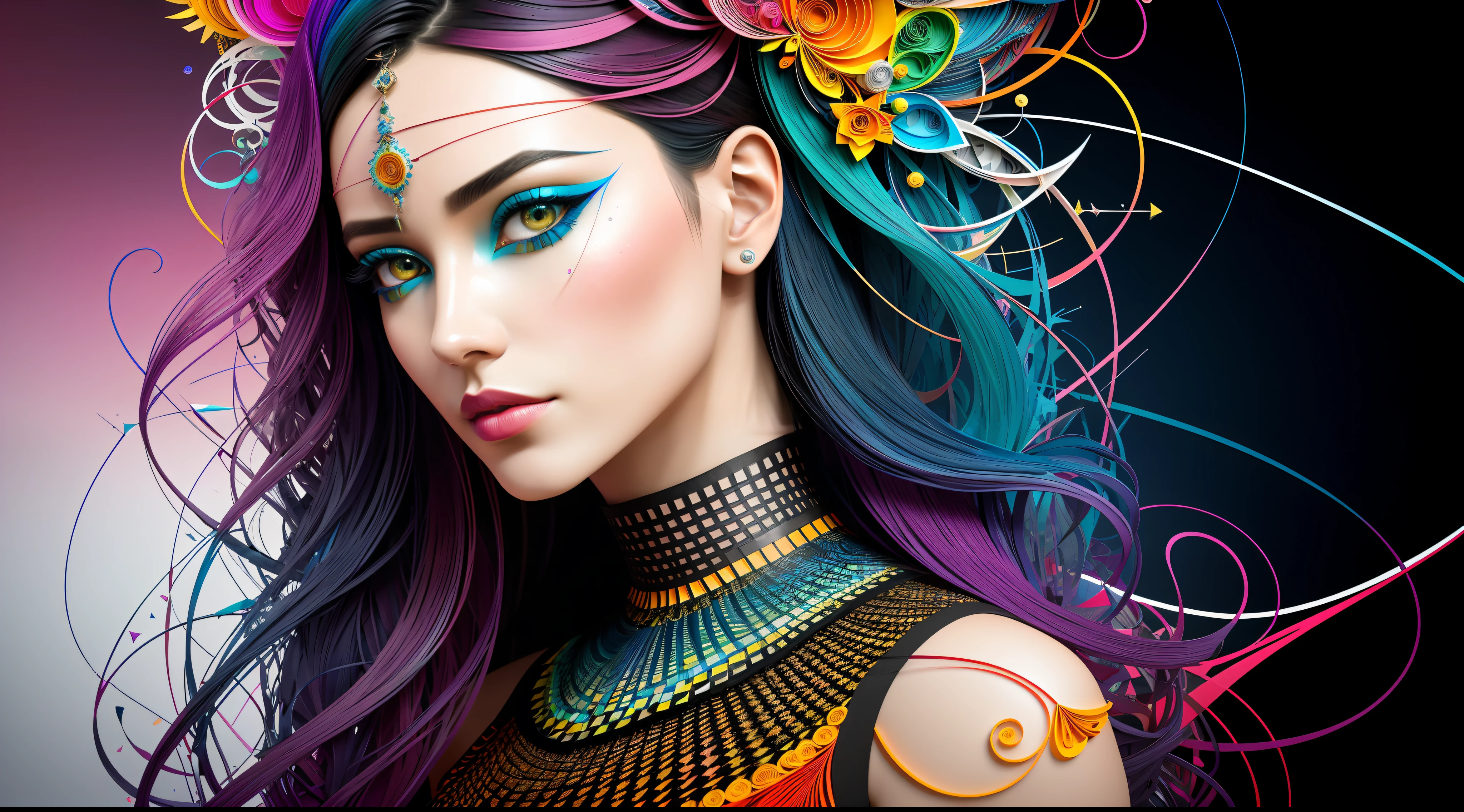 ultra detailed artistic abstract photography of Geometrical Woman, 32k trendy abstract poster of a beautiful woman, hair made of 3D paper quilling design, abstract paper quilling, detailed symmetric hazel eyes with circular iris, shattered paper fragments, natural body posture,  by artist russ mills, art by alberto seveso, by Carne Griffiths, by Wadim Kashin, symmetrical, abstract artstyle, intricate complex watercolor painting, sharp eyes, digital painting, color explosion, concept art, voluminetric lighting, TanvirTamim, 3D octane render, 8k. by artgerm, trending on artstation, cinematic 4d, Epic cinematic brilliant stunning intricate meticulously detailed dramatic atmospheric maximalist digital matte painting, realistic, complementary colors