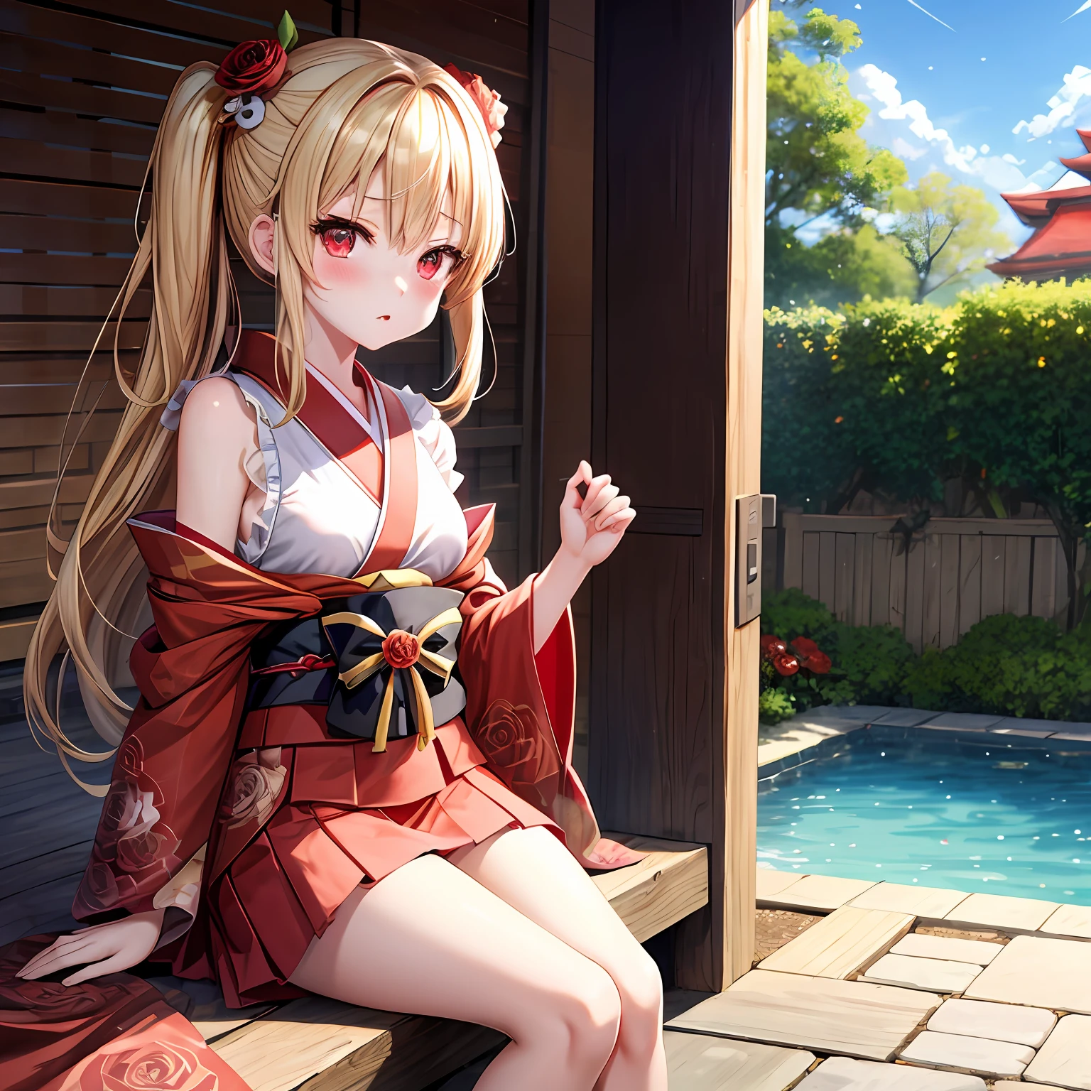a blond、red eyes、One girl、kawaii、animesque、kimono、off shoulders、a miniskirt、red blush、Bright red rose garden、sitting on