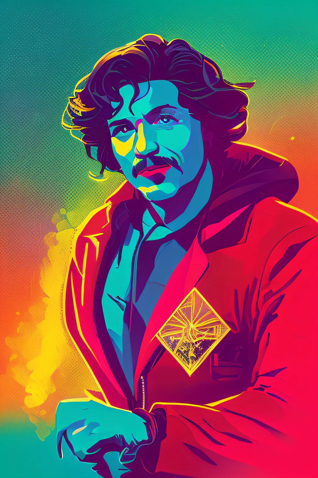 t-shirt art cyberpunk, Homem albertiano com um raio ao fundo, Retrato de Albert Einstein, albert einstein, Einstein, genie, homem inteligente, Directed by: Edwin Georgi, epic illustration, vetor, 2d illustration, fundo preto, muito colorido, gradiente completo de cores modernas, centrada, vista frontal, sem fundo