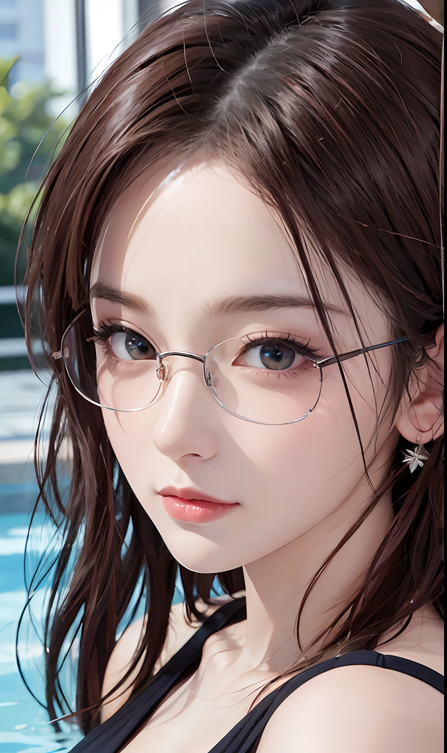 (RAW photos:1.2),high high quality,Beautiful Meticulous Girl,Highly detailed eyes and face,beatiful detailed eyes,hugefilesize,A high resolution,8k wallpaper,finely detailled,Highly detailed stock code uniform 8k wallpaper,light in face,电影灯光, girl,(photo-realism:1.4),illustratio,ultra-realistic realism,super detailing, tmasterpiece, swimming in the pool,Swim in a swimsuit,wears glasses,Bigchest,low chest