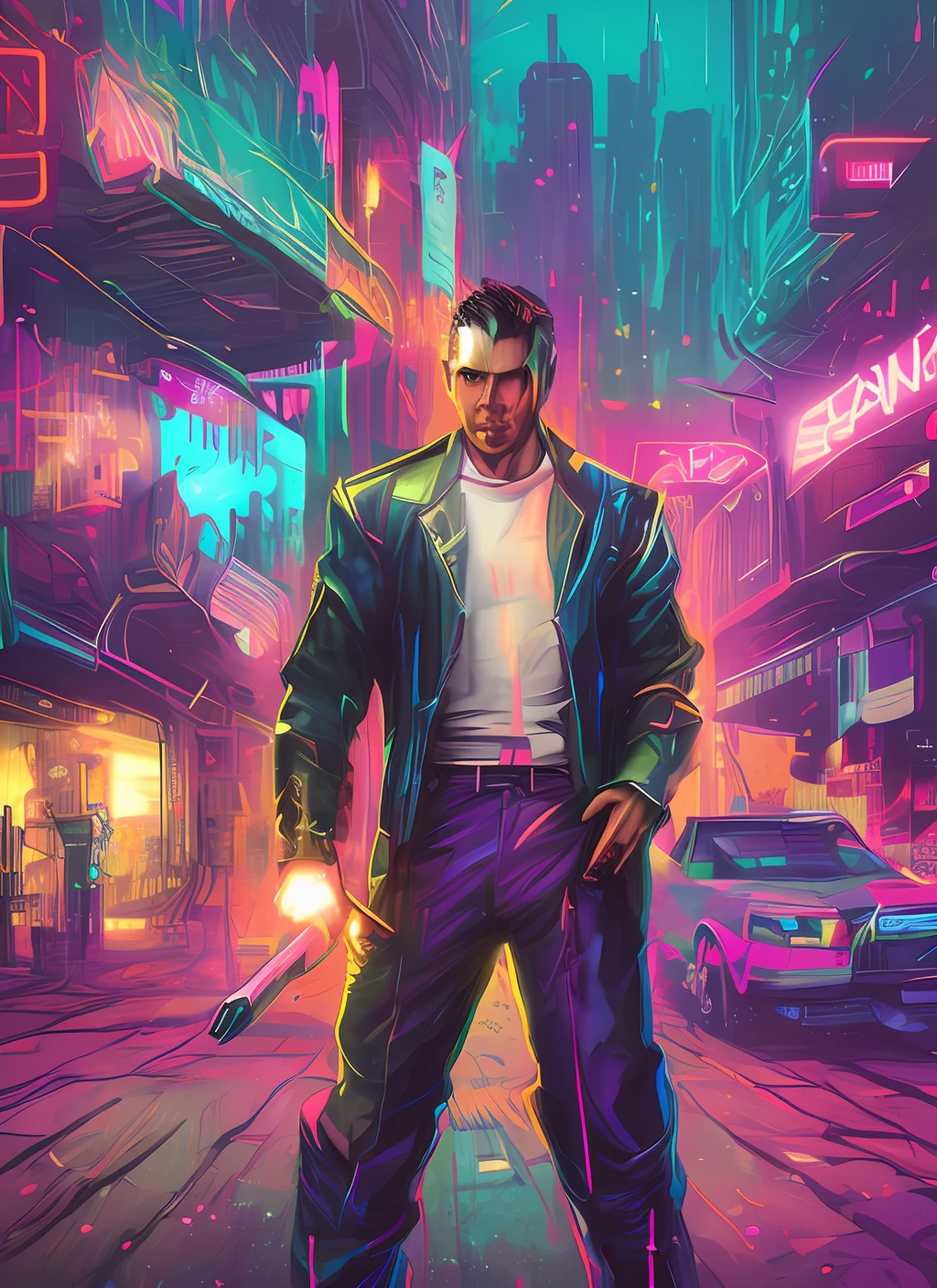 t-shirt art cyberpunk, Homem albertiano com um raio ao fundo, Retrato de Albert Einstein, albert einstein, Einstein, genie, homem inteligente, Directed by: Edwin Georgi, epic illustration, vetor, 2d illustration, fundo preto, muito colorido, gradiente completo de cores modernas, centrada, vista frontal