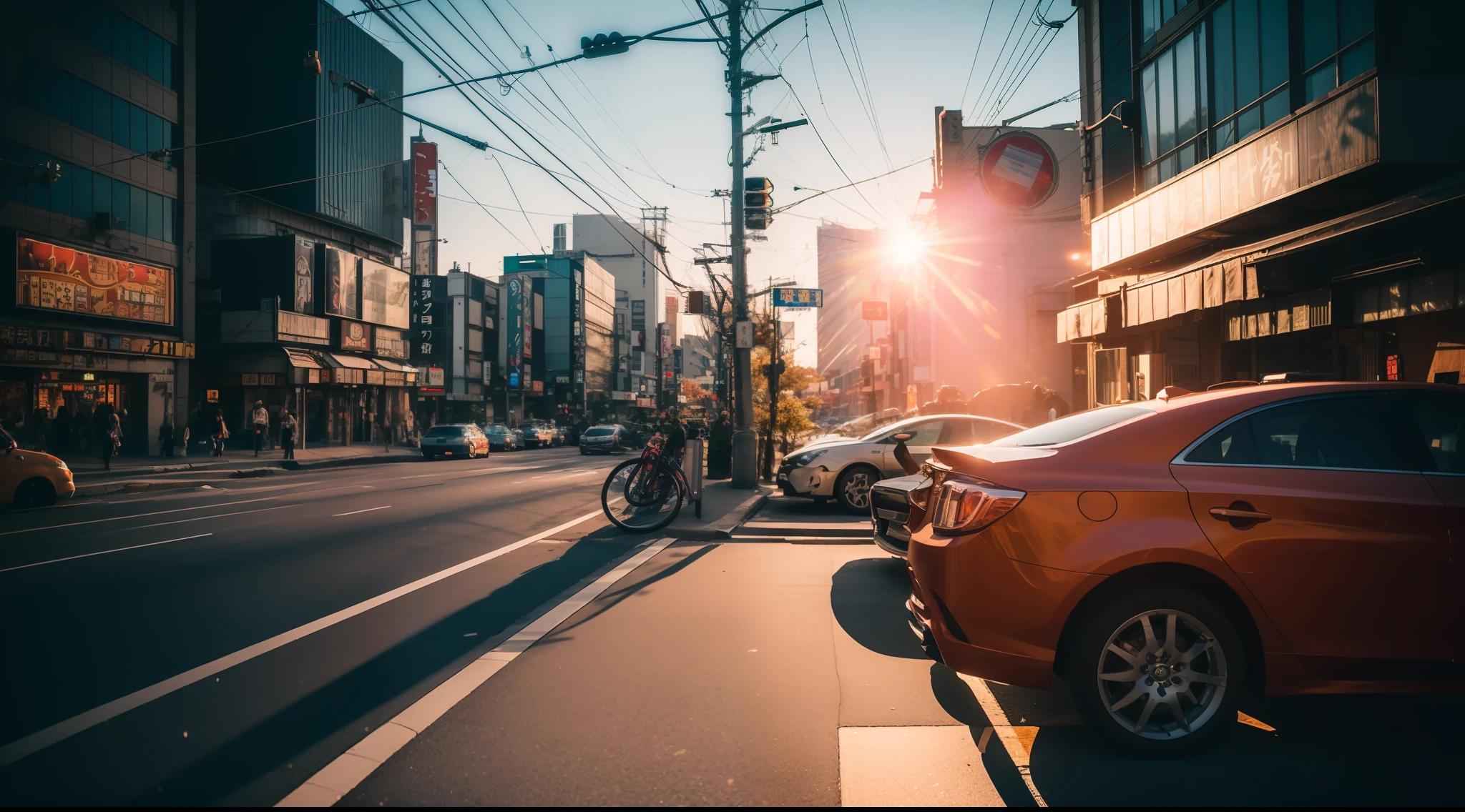 Streets of Tokyo, The sun goes down, sony a7, Film grain, Cinematic lighting, Photorealistic, 32K, diffuse reflection, colorful shiny particles, Lens Flare, Soft lighting
