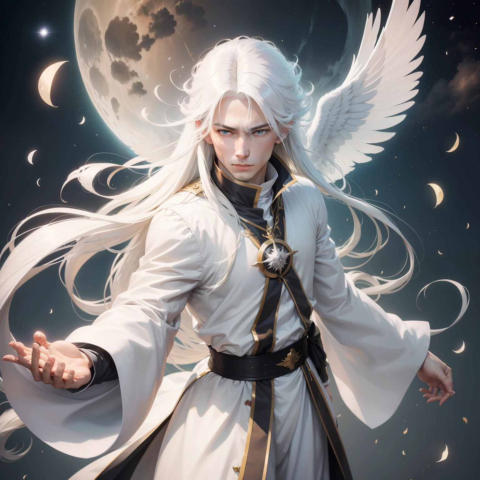 Flying white-haired anime god, mond im hintergrund, nachthimmel, sense in der hand