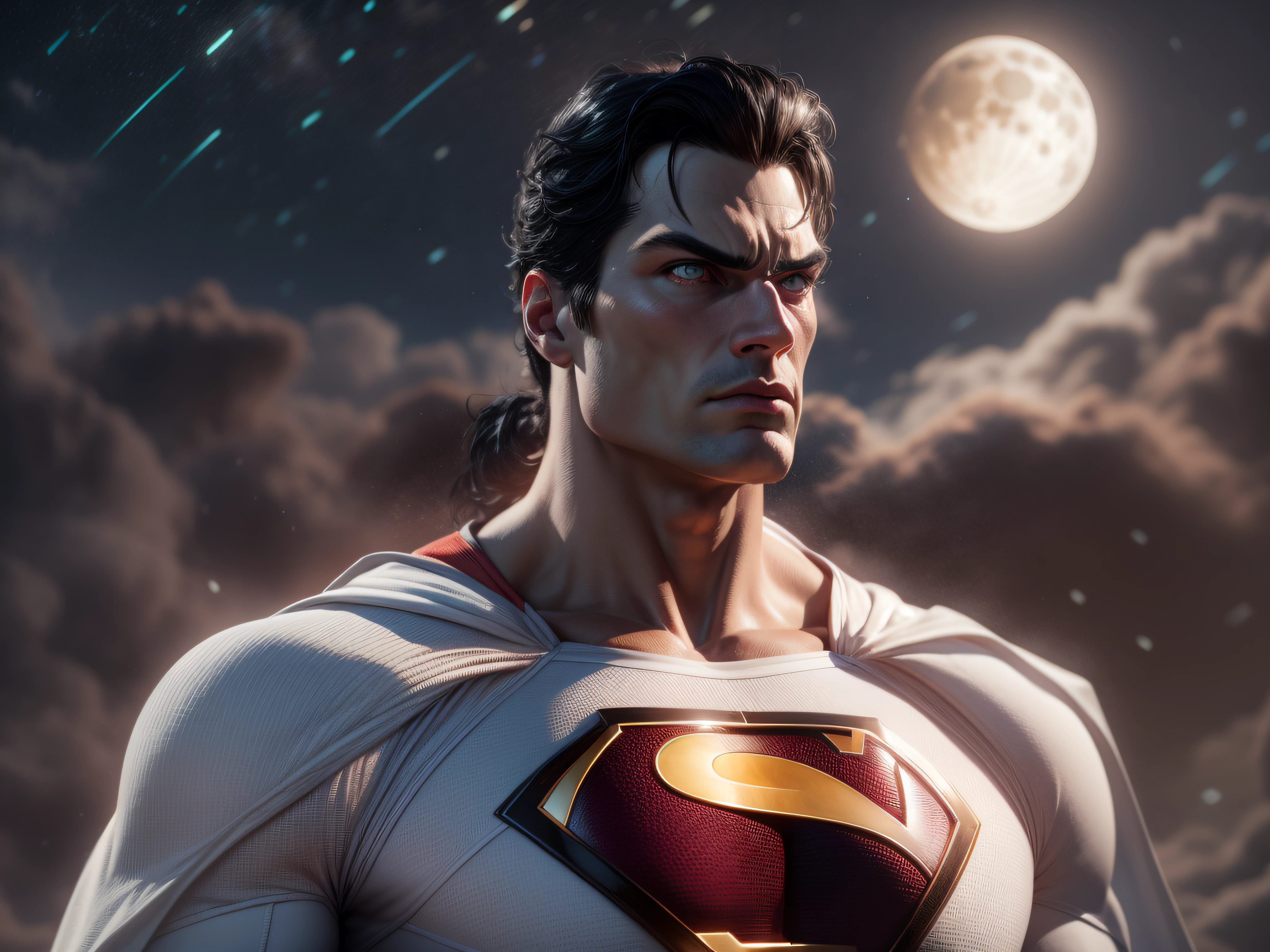 Close a powerful threat, The imposing appearance of the powerful Superman dressed in white and beige uniform, menacing stare, ricamente detalhado, Hiper realista, 3D-rendering, obra-prima, NVIDIA, RTX, ray-traced, Bokeh, Night sky with a huge and beautiful full moon, estrelas brilhando, 8k,