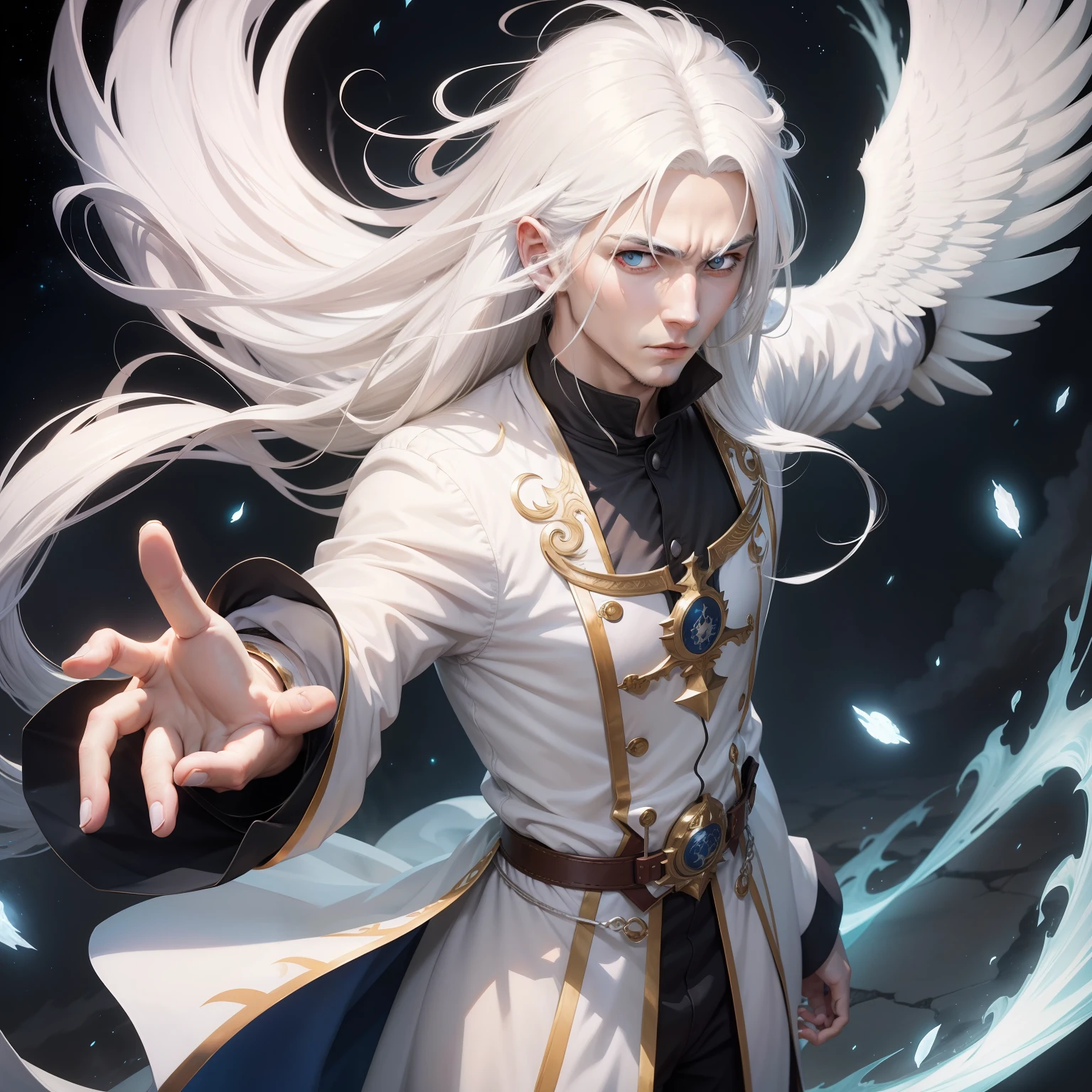 Flying white-haired anime god, mond im hintergrund, nachthimmel, sense in der hand