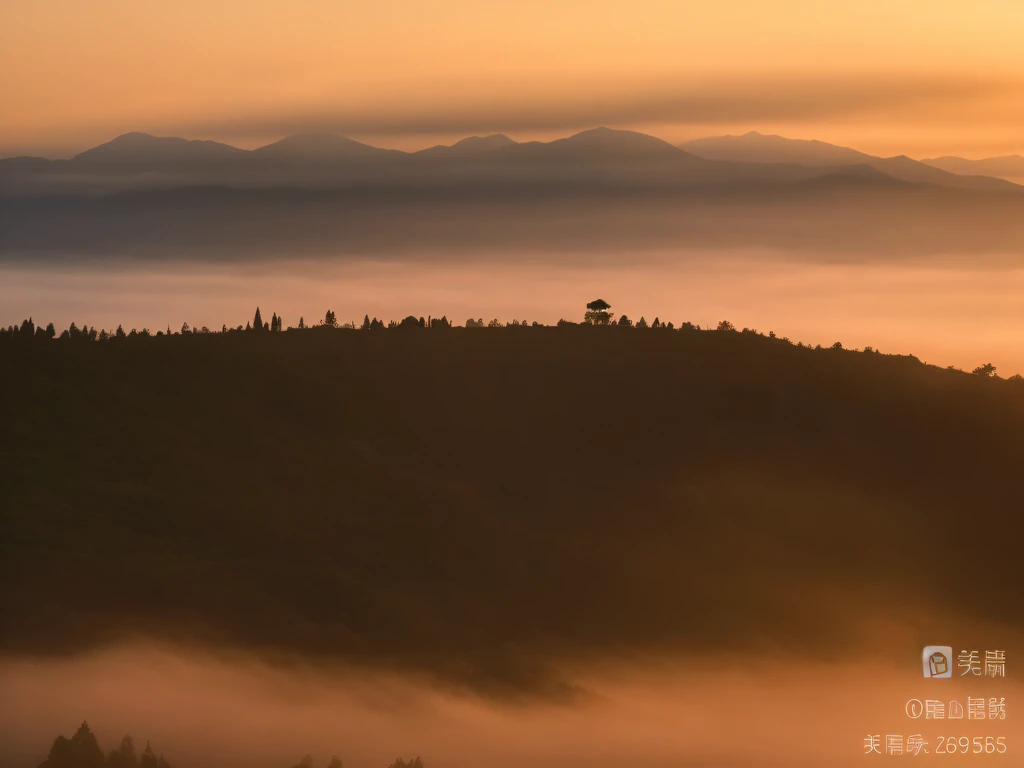 nebulous sky，There is a mountain in the distance，There is a lone tree in the foreground, Mysterious orange fog, cypresses and hills, Fog prime hour, 《Silent Hill》, author：Etienne Dressett, Foggy sunset, orange fog, (Mist), author：Steven Belledin, Misty atmosphere, mist rising from head, author：Julian Allen, layered fog, Mist, Low fog layer