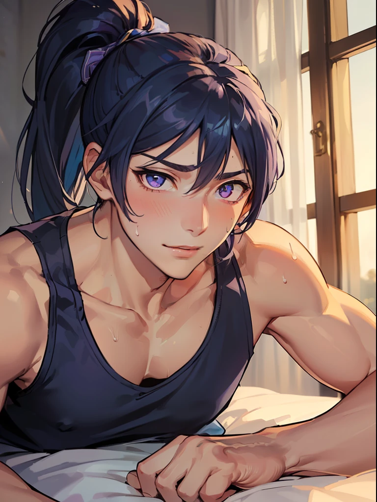 ((highest quality, masterpiece, 4k, finely detailed, detailed eyes, detailed face, intricate details, pixiv, gelbooru)) solo, (((1boy, male, masculine, handsome, slight muscles, Kanan_Matsuura_(Love_Live_Sunshine))), (((high ponytail, dark blue hair, light purple eye color, gentle eyes))), (((male briefs, tight tanktop))) lying on bed, sweating, covered in sweat, handsome, looking at viewer, blushing, smirking, (((big cock)))