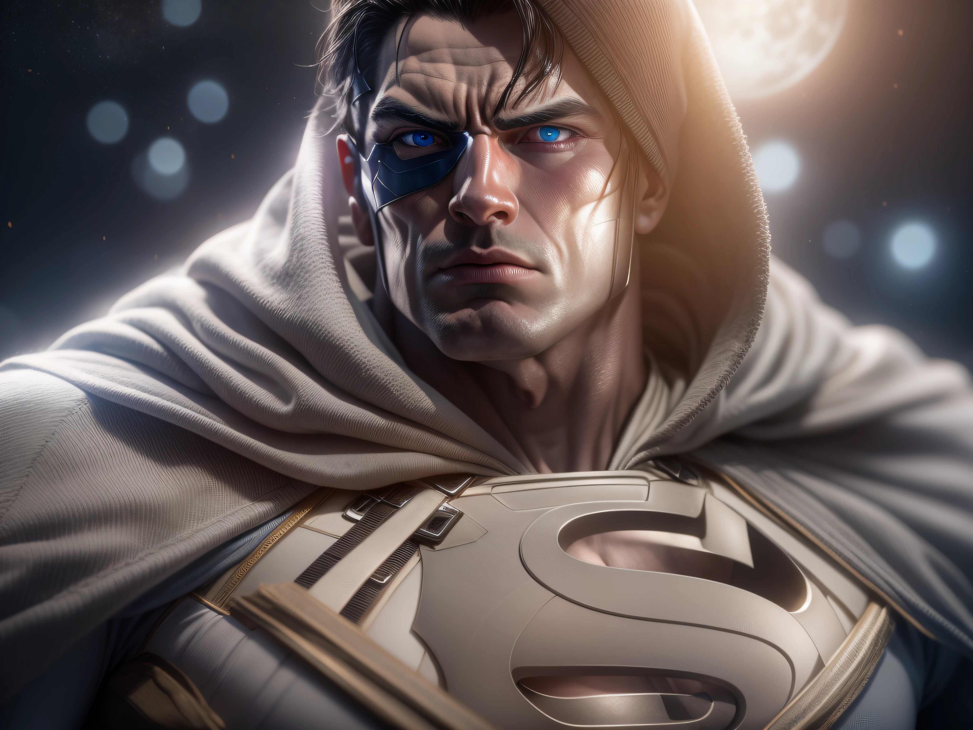 Close a powerful threat, The imposing appearance of the powerful Superman dressed in white and beige uniform, menacing stare, ricamente detalhado, Hiper realista, 3D-rendering, obra-prima, NVIDIA, RTX, ray-traced, Bokeh, Night sky with a huge and beautiful full moon, estrelas brilhando, 8k,