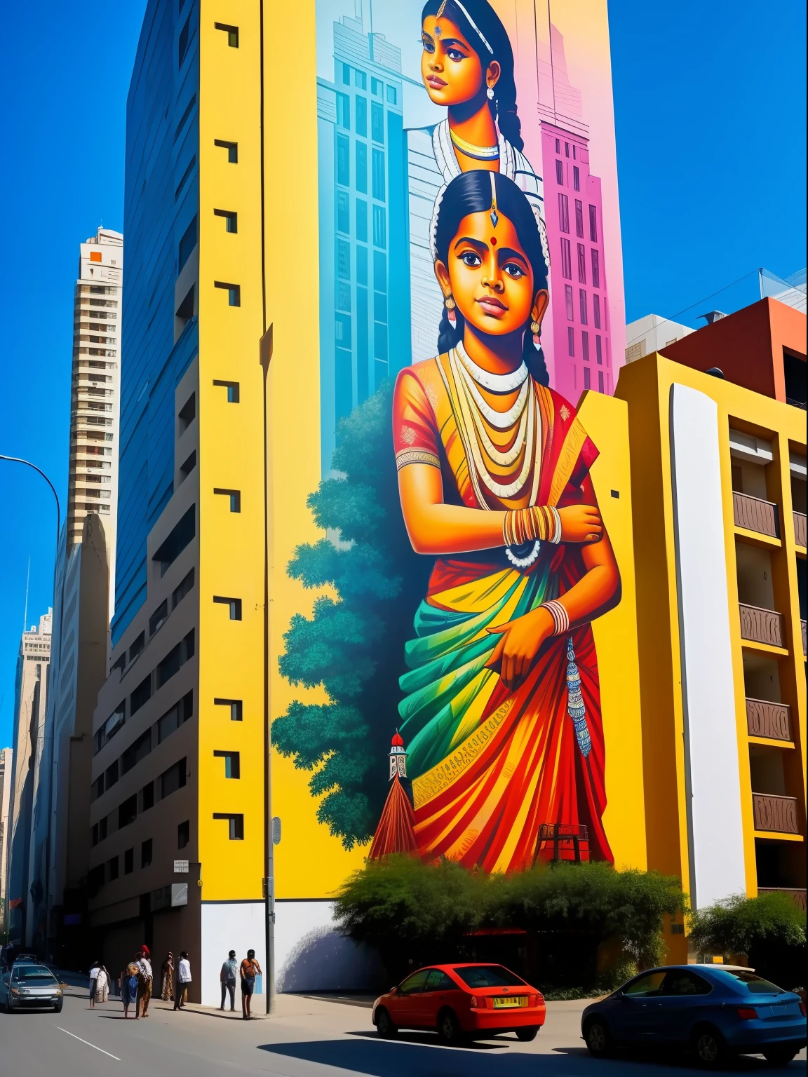 A street mural on a very tall building with a painting of a beautiful indian child in the style of eduardo kobra, very busy street, cars, people walking, big city in the background