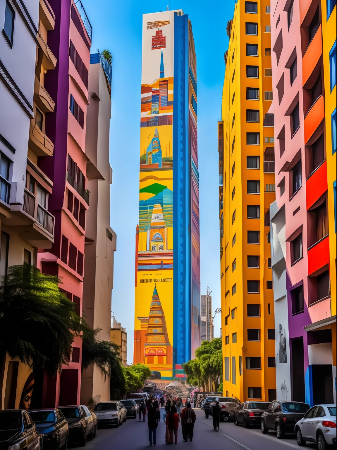 A street mural on a very tall building with a painting of a beautiful indian child in the style of eduardo kobra, very busy street, cars, people walking, big city in the background
