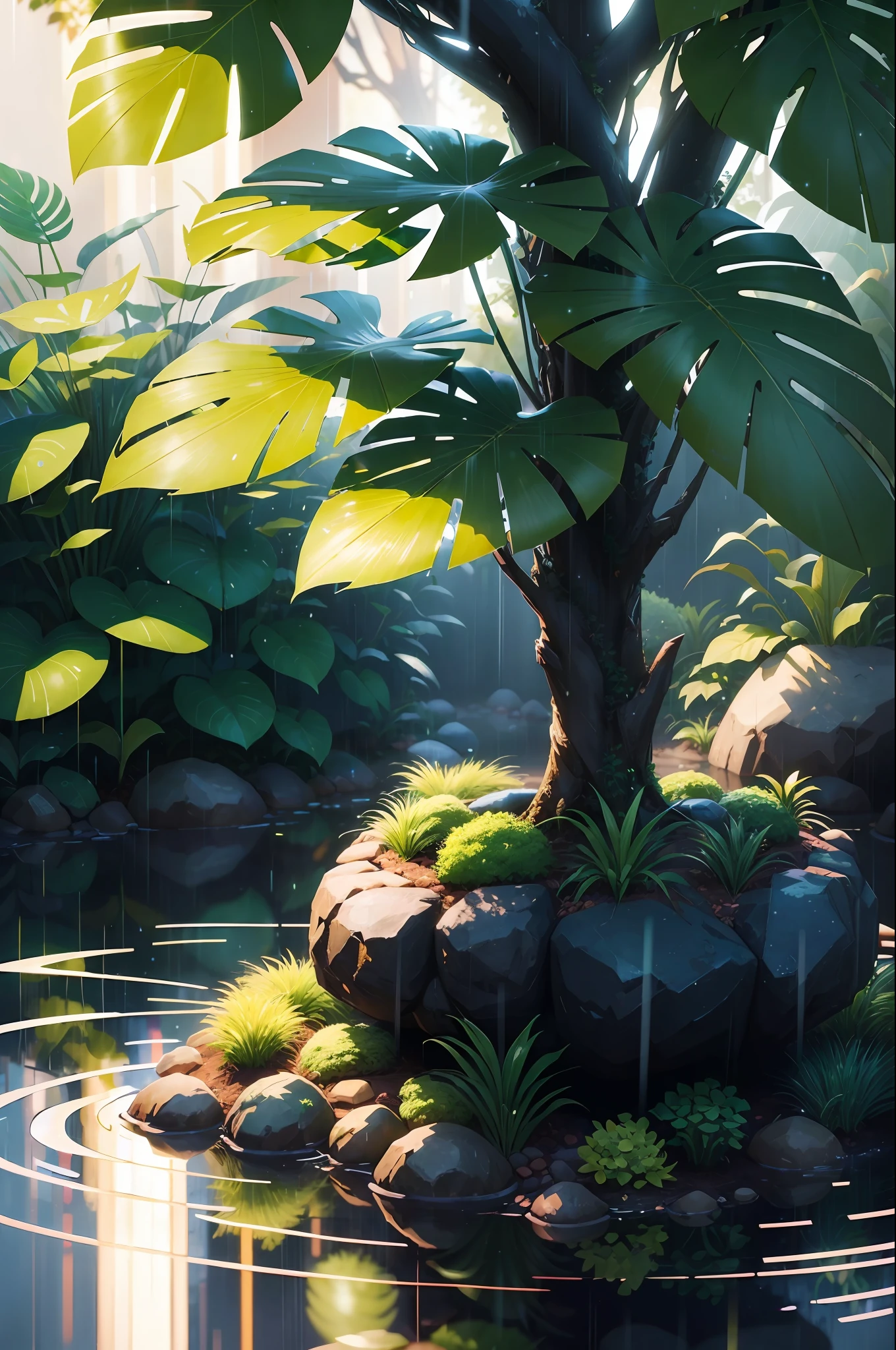 "hyper-stylized anime rain reflecting realistic light and plants"