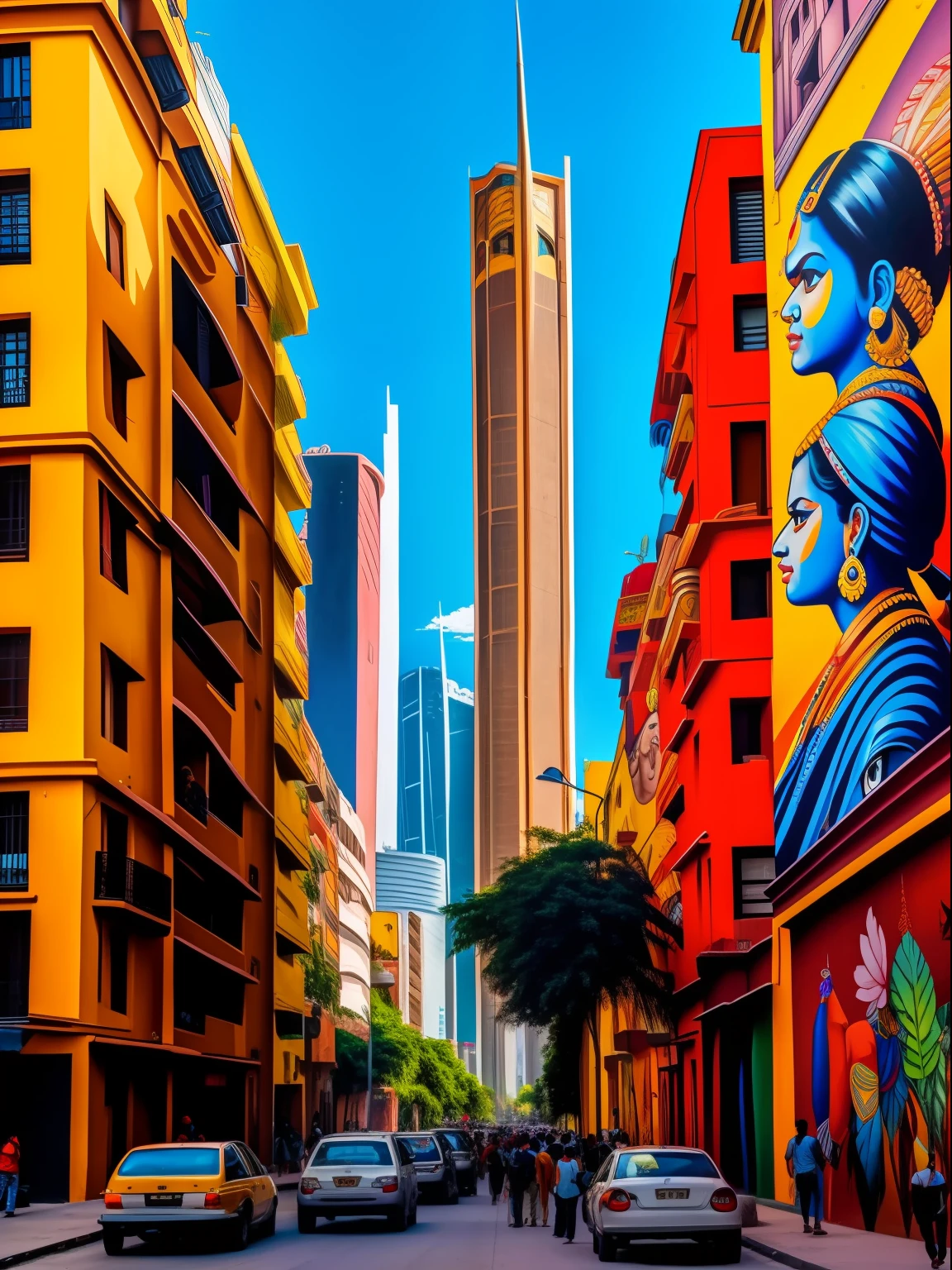 A street mural on a very tall building with a painting of a beautiful indian child in the style of eduardo kobra, very busy street, cars, people walking, big city in the background