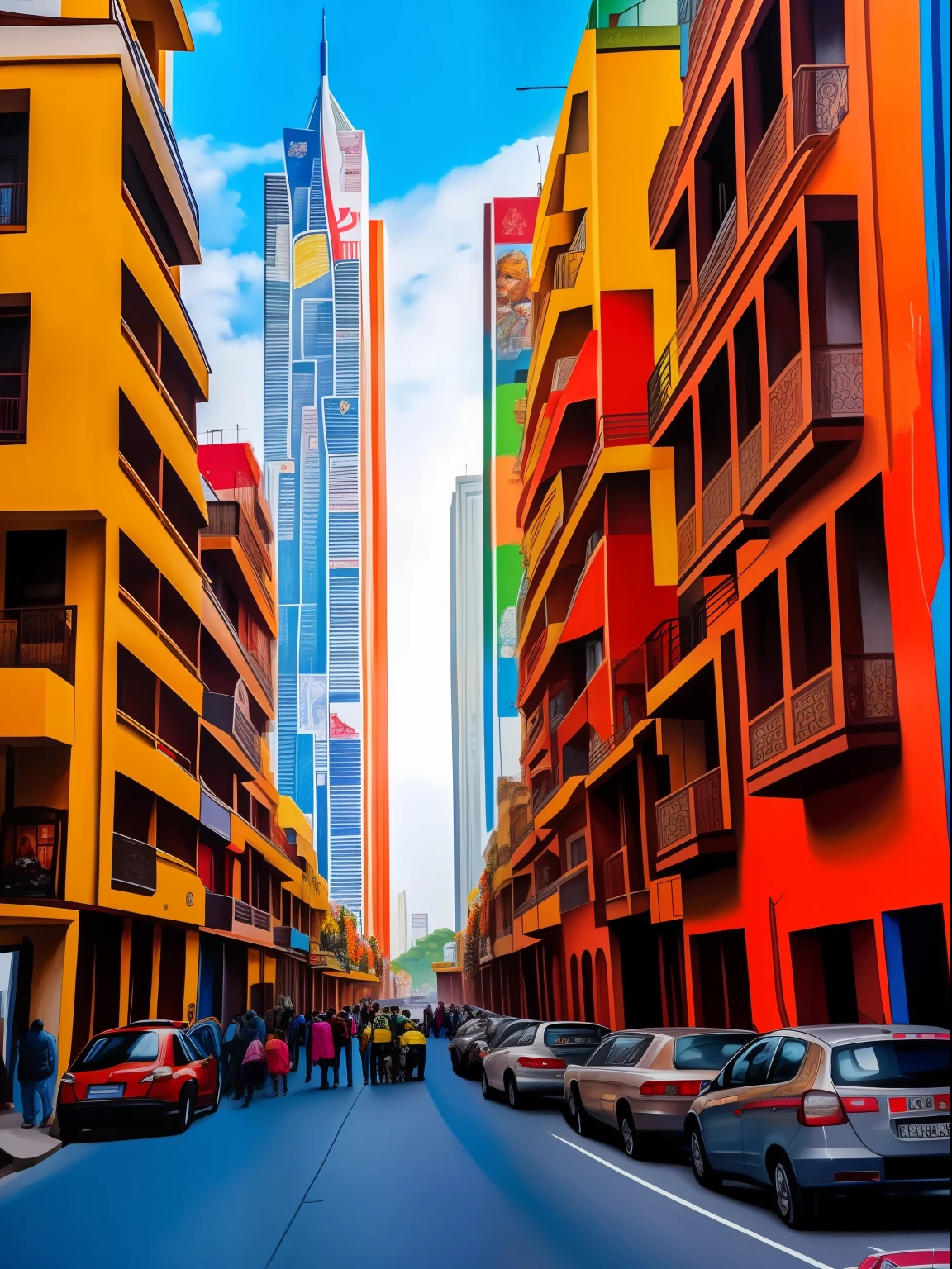 A street mural on a very tall building with a painting of a beautiful indian child in the style of eduardo kobra, very busy street, cars, people walking, big city in the background