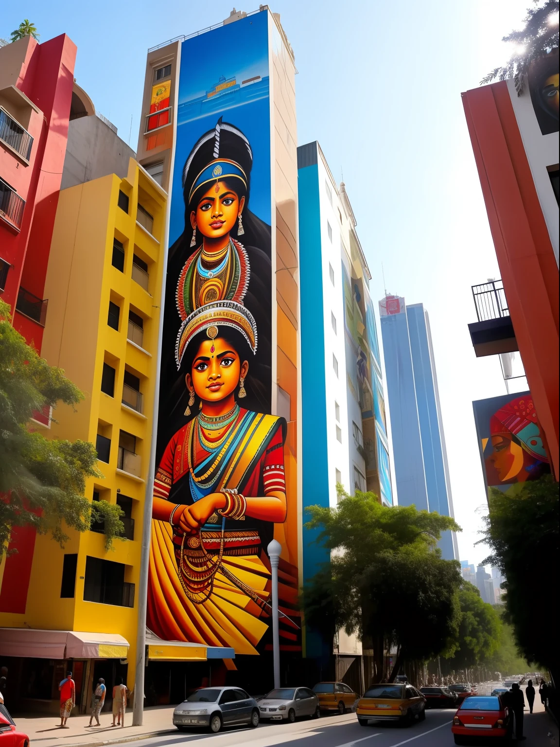 A street mural on a very tall building with a painting of a beautiful indian child in the style of eduardo kobra, very busy street, cars, people walking, big city in the background
