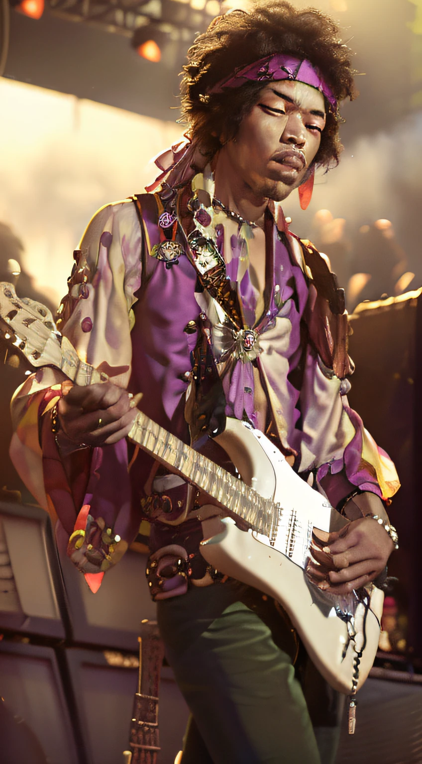 top-quality。Male guitarist。(Photorealistic images by Woodstock:1.4)。Sow bandana on long hair、６０Play chronological music。Flutter and wear waistcoat and costume、Playing guitar with a big amp in the background。Black but white、There is a technique to easily silence。Purple haze!Stratocaster Guitar、Color is white。Marshall's Amp 100ｗUsing、Ring in full up。livestream, Poured gasoline on the guitar.、Set fire and burn、Eccentric to break at the end。６０Although the times and eras are old、Live action。Oira　Jimi Hendrix！Dacchi!