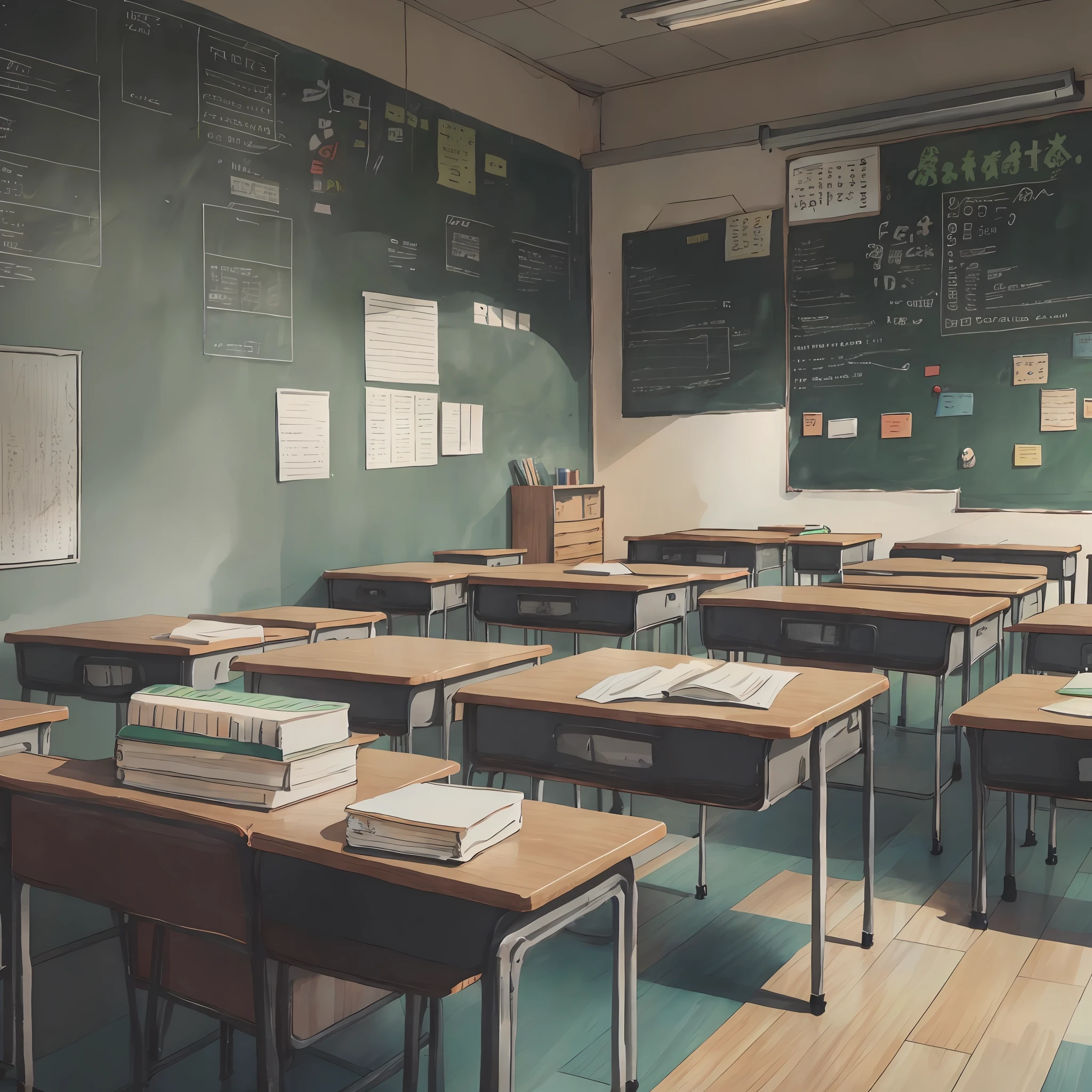 There are many desks in the classroom with a board-black on the wall, school classroom, photo of a classroom, classroom background, classroom, typical anime classroom, in a school classroom, School class, in a classroom, Classroom in the background, Inside the elementary school, Stock Photo, sitting in classroom, Student, Wooden tables with books, high school, Blackboard in background
