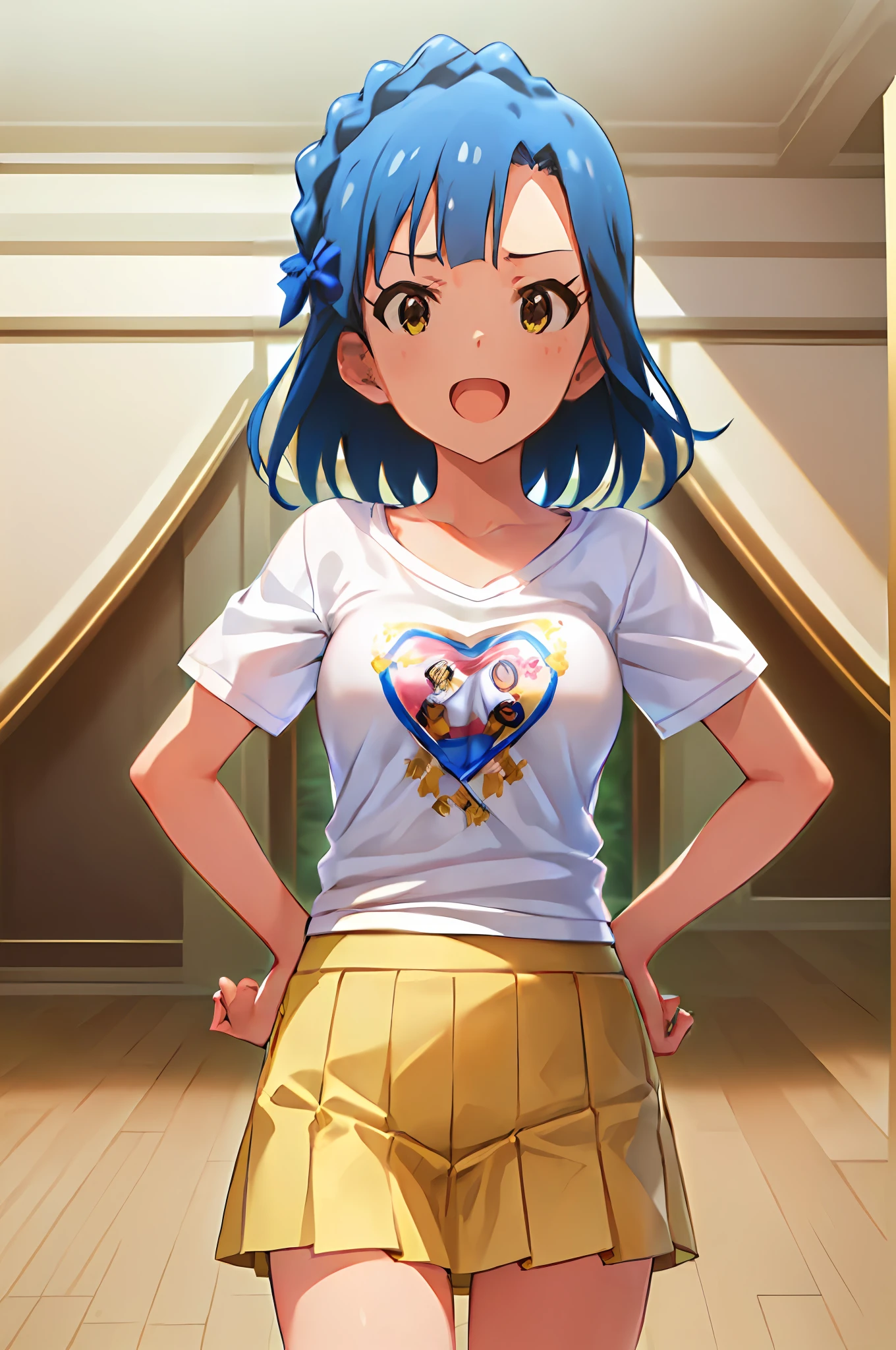 yuriko nanao (million live). Short stature. (((white t-shirts))).(((Skirt))).(((masterpiece))).(((best quality))).((Ultra-detailed))).(((illustratio))). (((put hands on the hip))).(((a room))).(((make a fist))).(((up chest))).kindly smile.((short-hair)).((big breasts)).((Opening Mouth)).