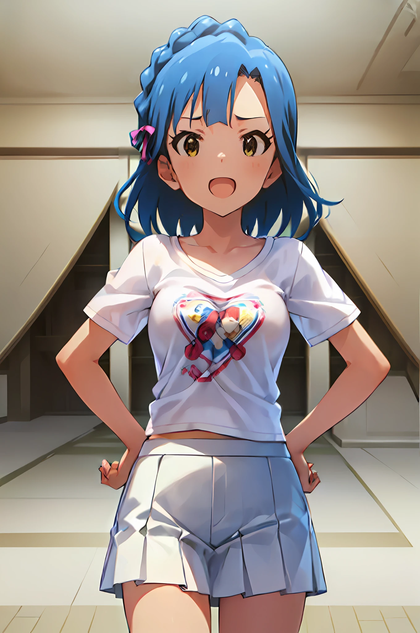 yuriko nanao (million live). Short stature. (((white t-shirts))).(((Skirt))).(((masterpiece))).(((best quality))).((Ultra-detailed))).(((illustratio))). (((put hands on the hip))).(((a room))).(((make a fist))).(((up chest))).kindly smile.((short-hair)).((big breasts)).((Opening Mouth)).