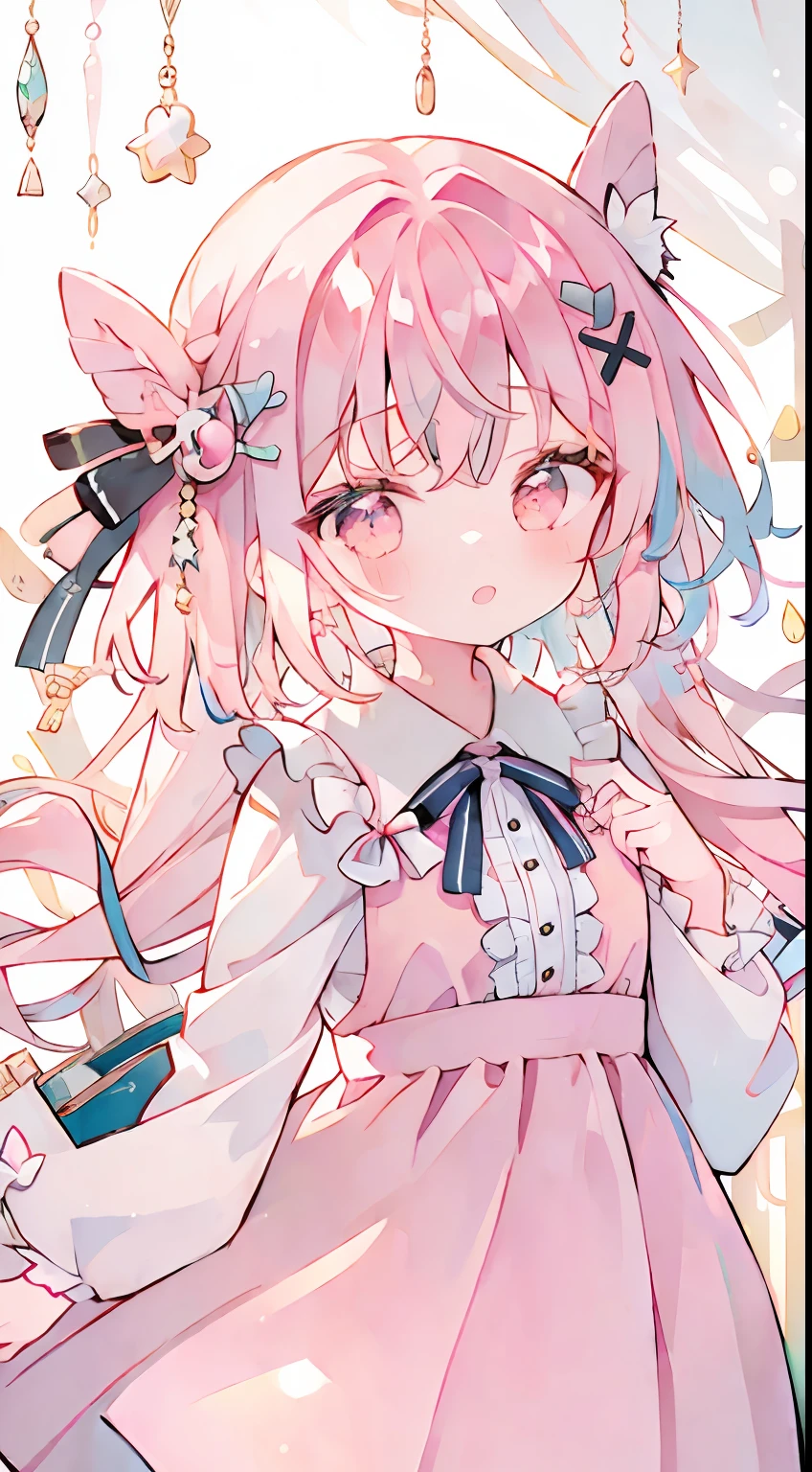 One girl、A pink-haired、long、​masterpiece、top-quality、Top image quality、cute little、Pink dress、bow ribbon、Ribbon Dresses、Ribbon on the head、cute background、Ribbon background、Pink eyes