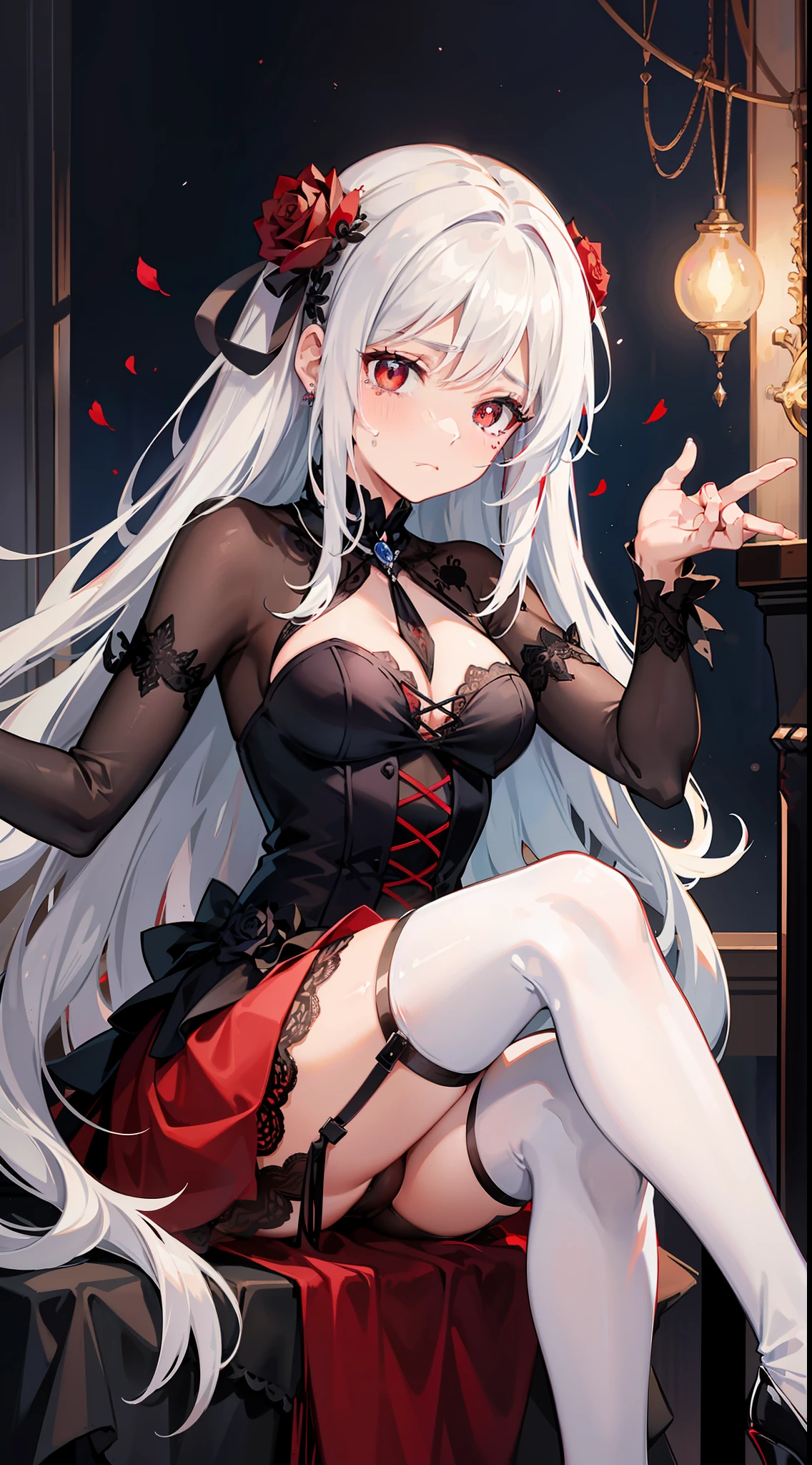 cabelos preto e longos,red pupils,Grief sheds tears,Teardrops are blood red,Gothic rose dress,White panty hose,sit on chair,Looking sadly at the audience